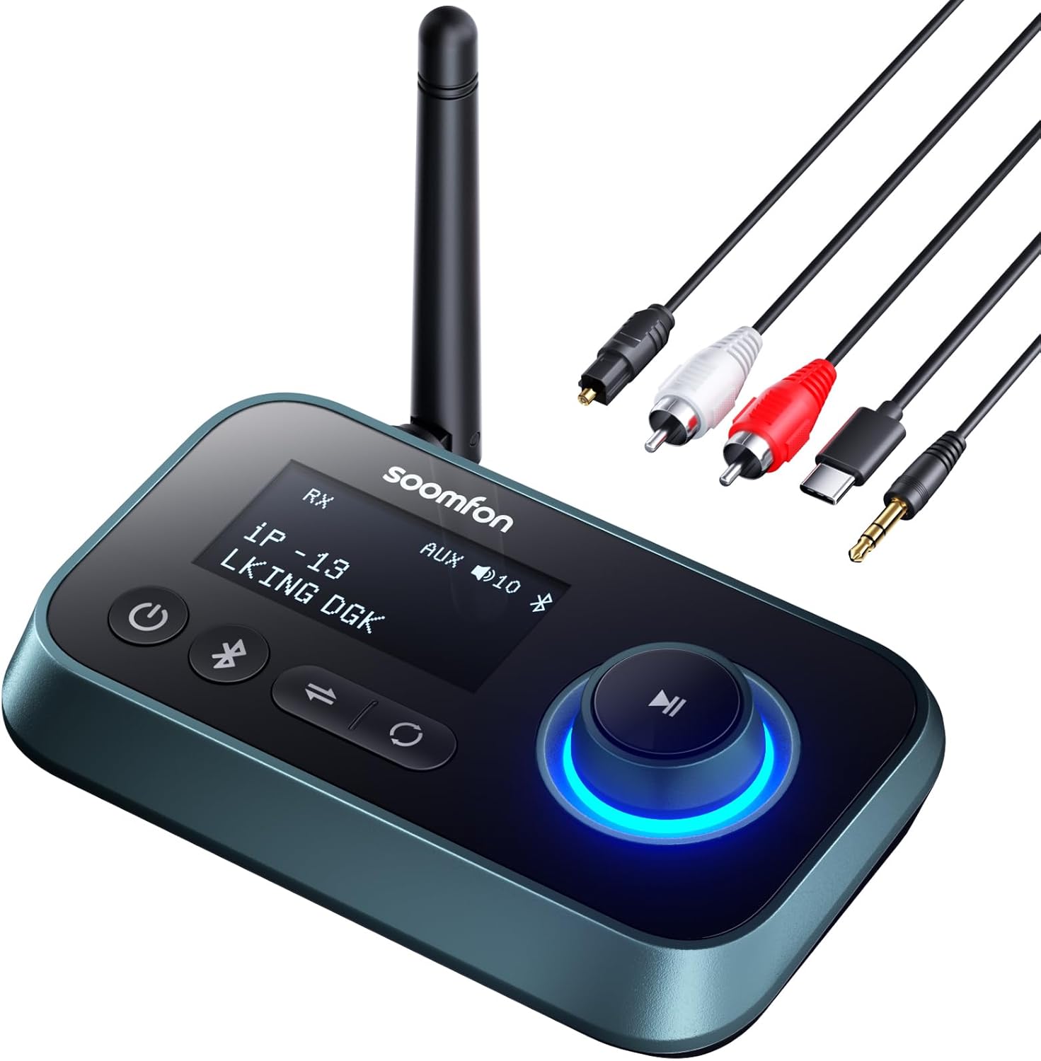 Trasmettitore Ricevitore Adattatore Audio Bluetooth 5.0 con Cavi Aux/Ottico/RCA, SOOMFON Adattatore Audio Hi Fi con Jack 3.5mm e Optical, per TV, PC, Lettore CD, Stereo Casa, Cuffie, con LCD Display