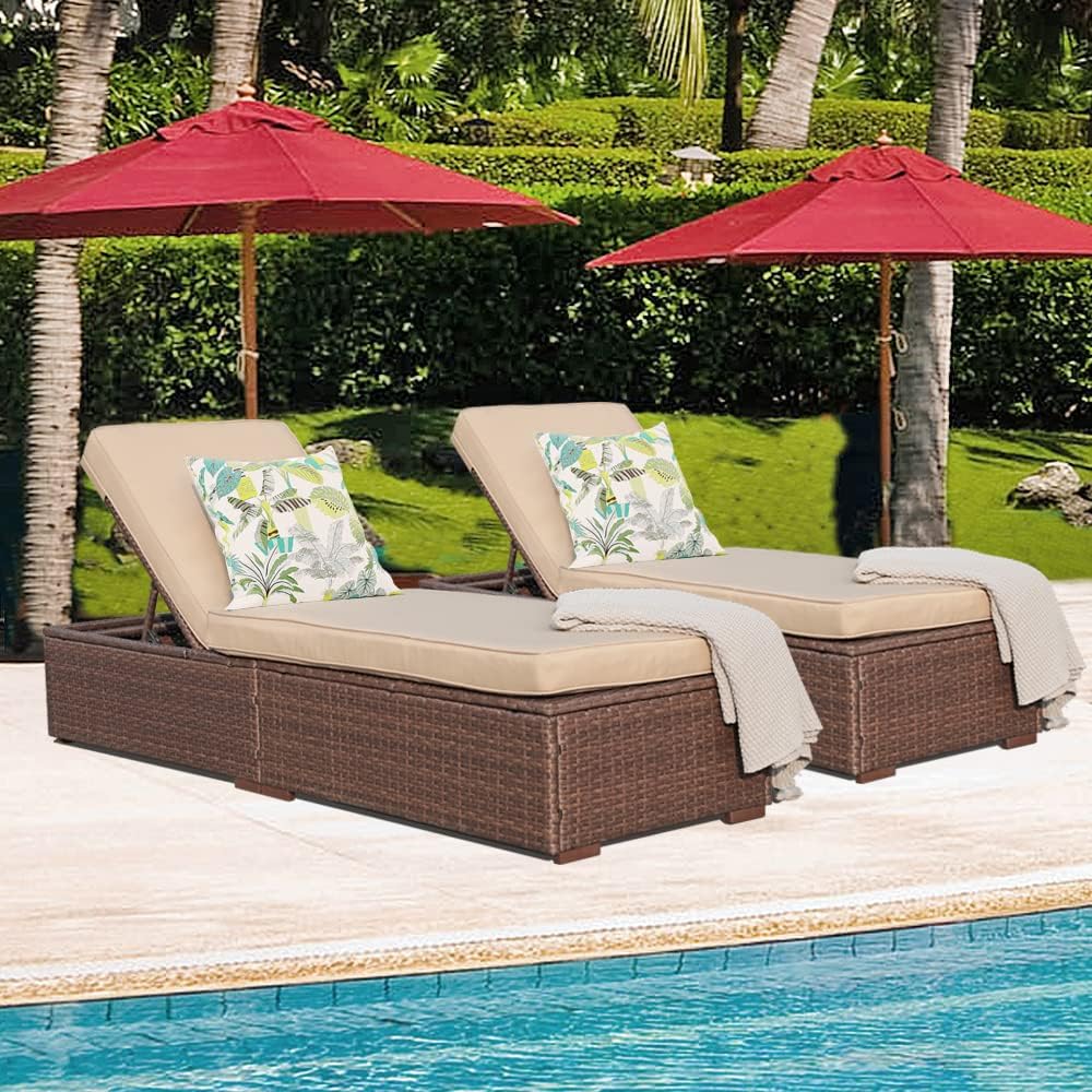 Patiorama Outdoor Patio Lounge Chair, Elegant Reclining Adjustable Pool Rattan Chaise Chair with Beige Cushion, Brown PE Wicker, Steel Frame, Set of 2