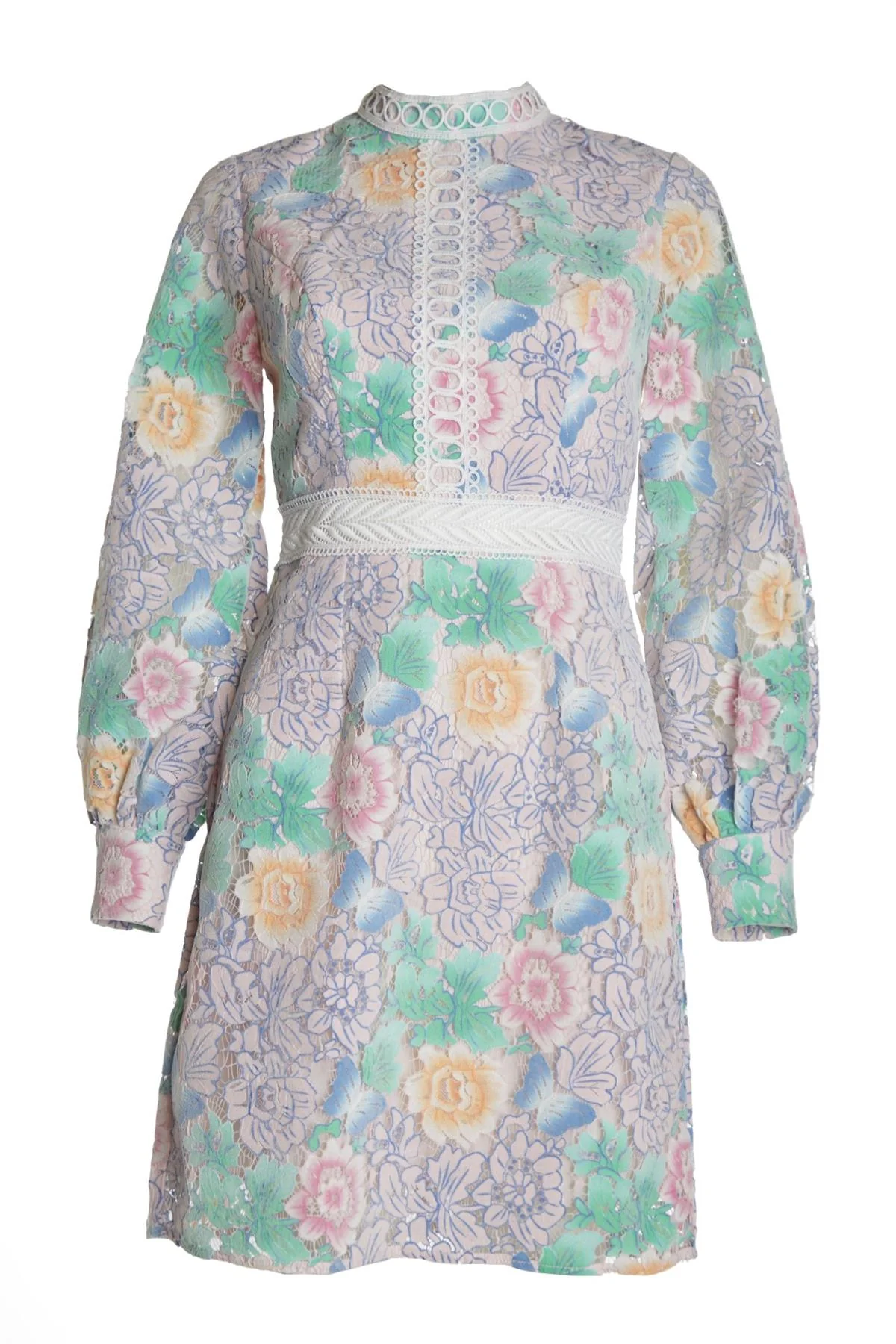 Pastel Floral Lace High Neck Mini-Dress