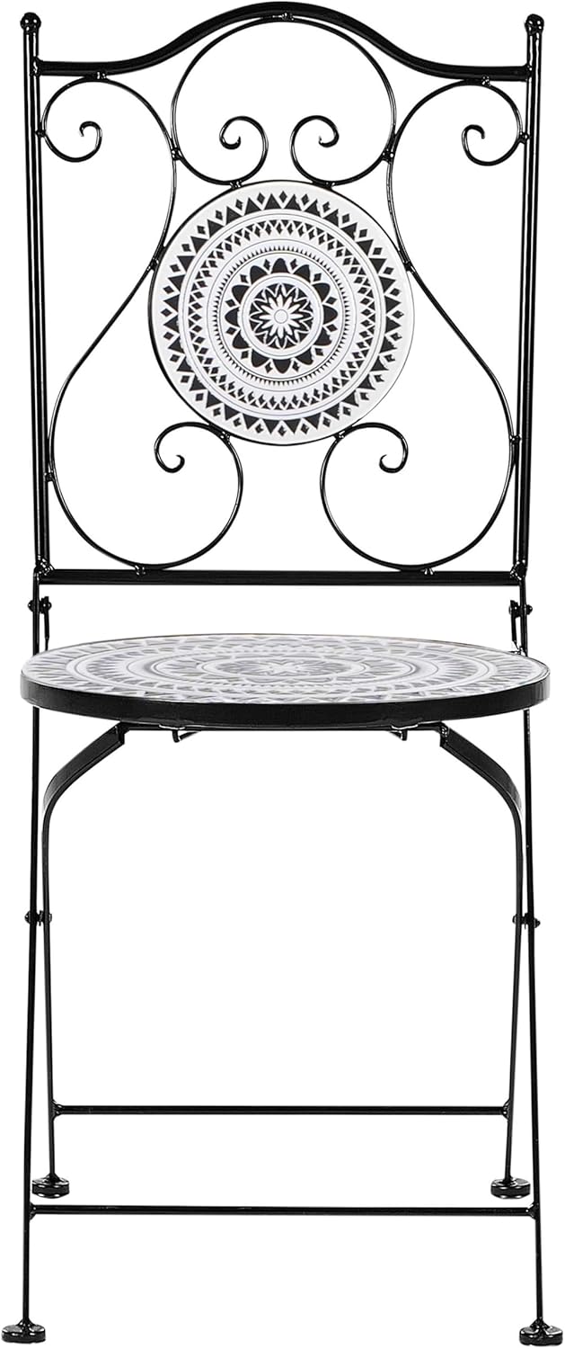 Beliani Balkonset 3-teilig Eisen schwarz/weiß Mosaik Tisch mit 2 Stühlen klappbar Comiso