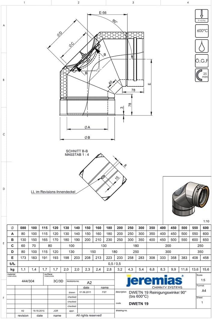 Jeremias DW-Black 200mm Winkel 90 Grad mit Revision runde Öffnung doppelwandig Edelstahl Abgasanlage für Öl Gas Festbrennstoffe