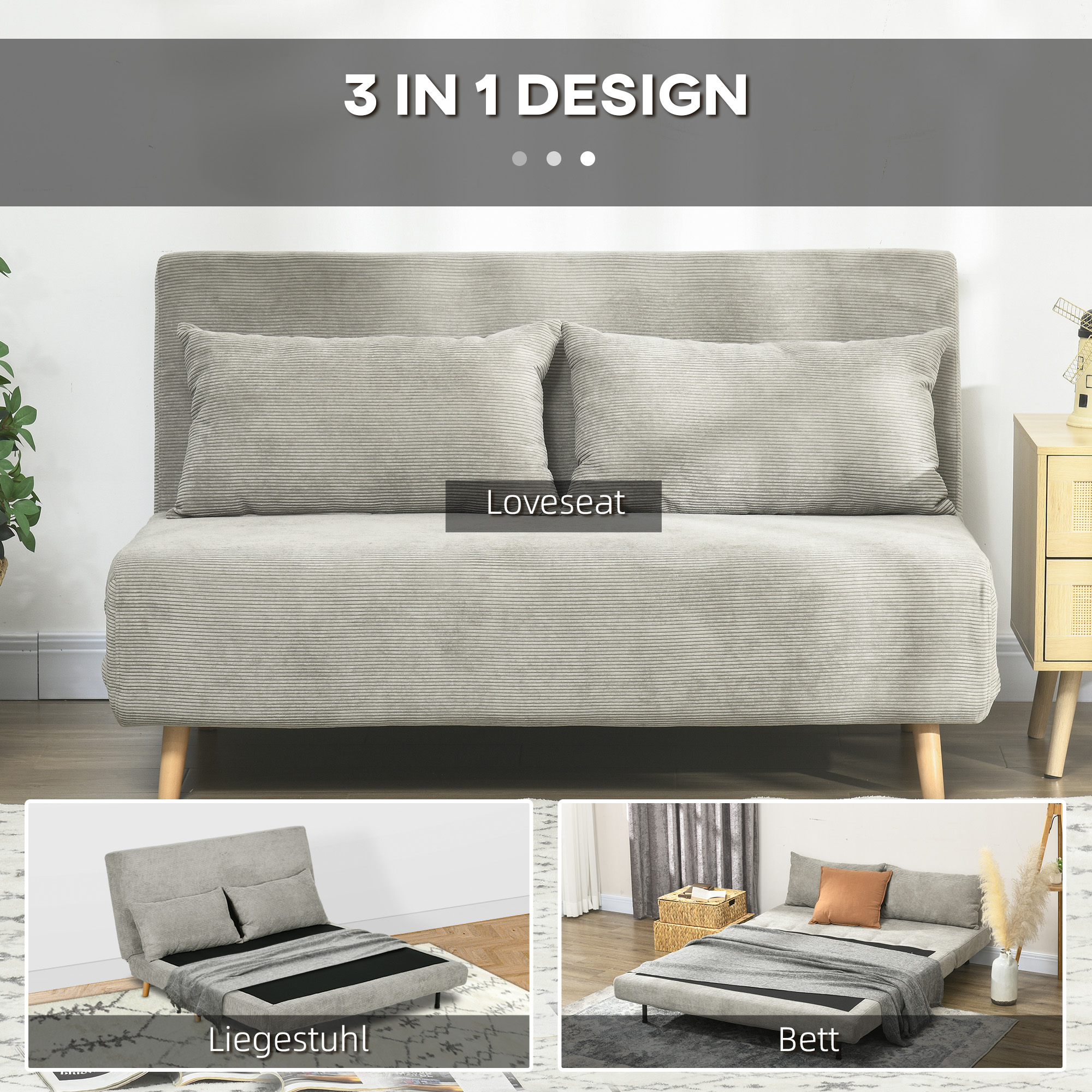 Slaapbank, Logeerbed, 3-standen Verstelbare Rugleuning, Linnenlook, tot 120 kg, 141 x 90 x 81 cm, Grijs