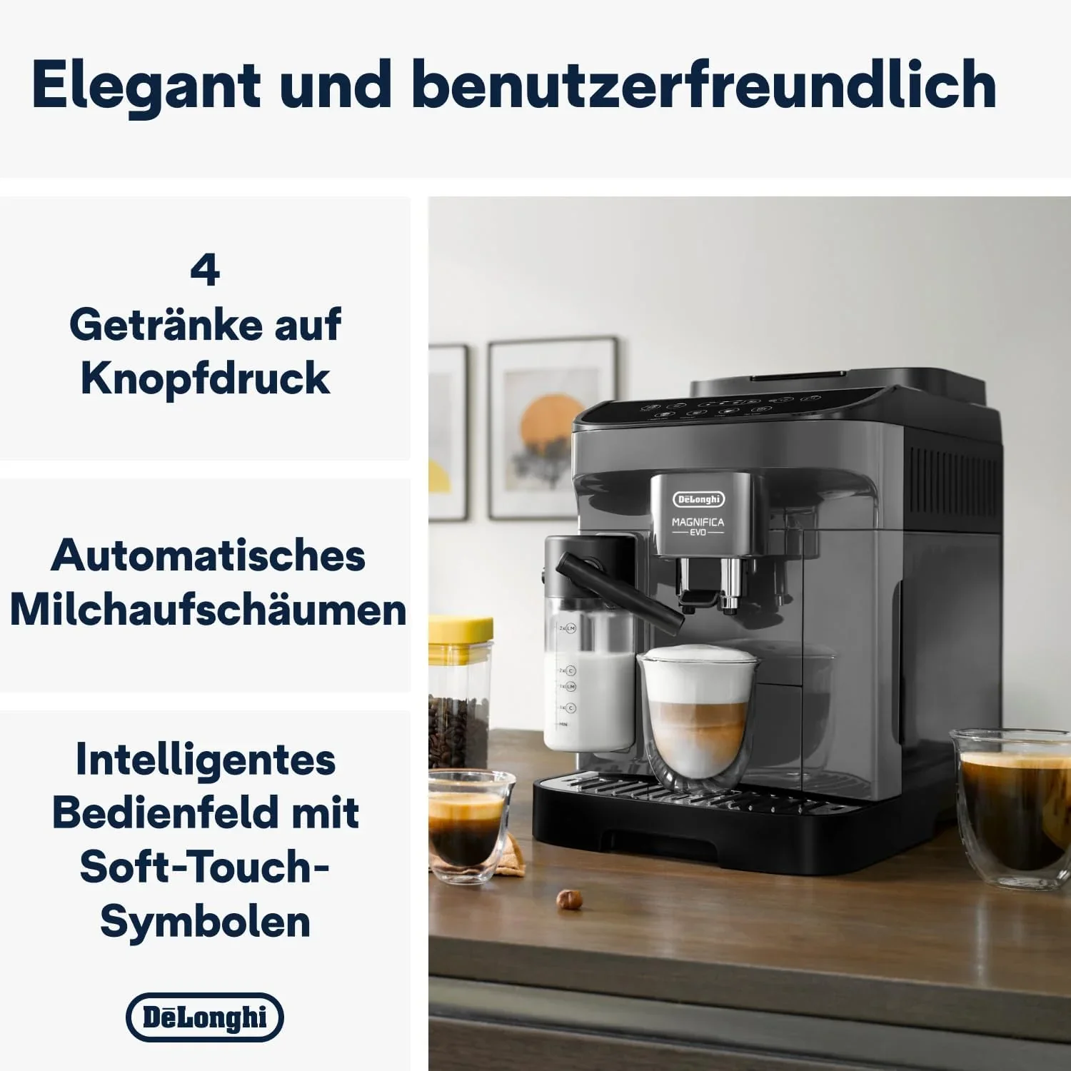 De'Longhi Magnifica Evo Next ECAM312.80.TB, Kaffeevollautomat mit 13 Getr?nken (Cappuccino, Espresso, Latte Macchiato), 2,4'' TFT Farbdisplay, LatteCrema Milchsystem, 2-Tassen-Funktion, Titan