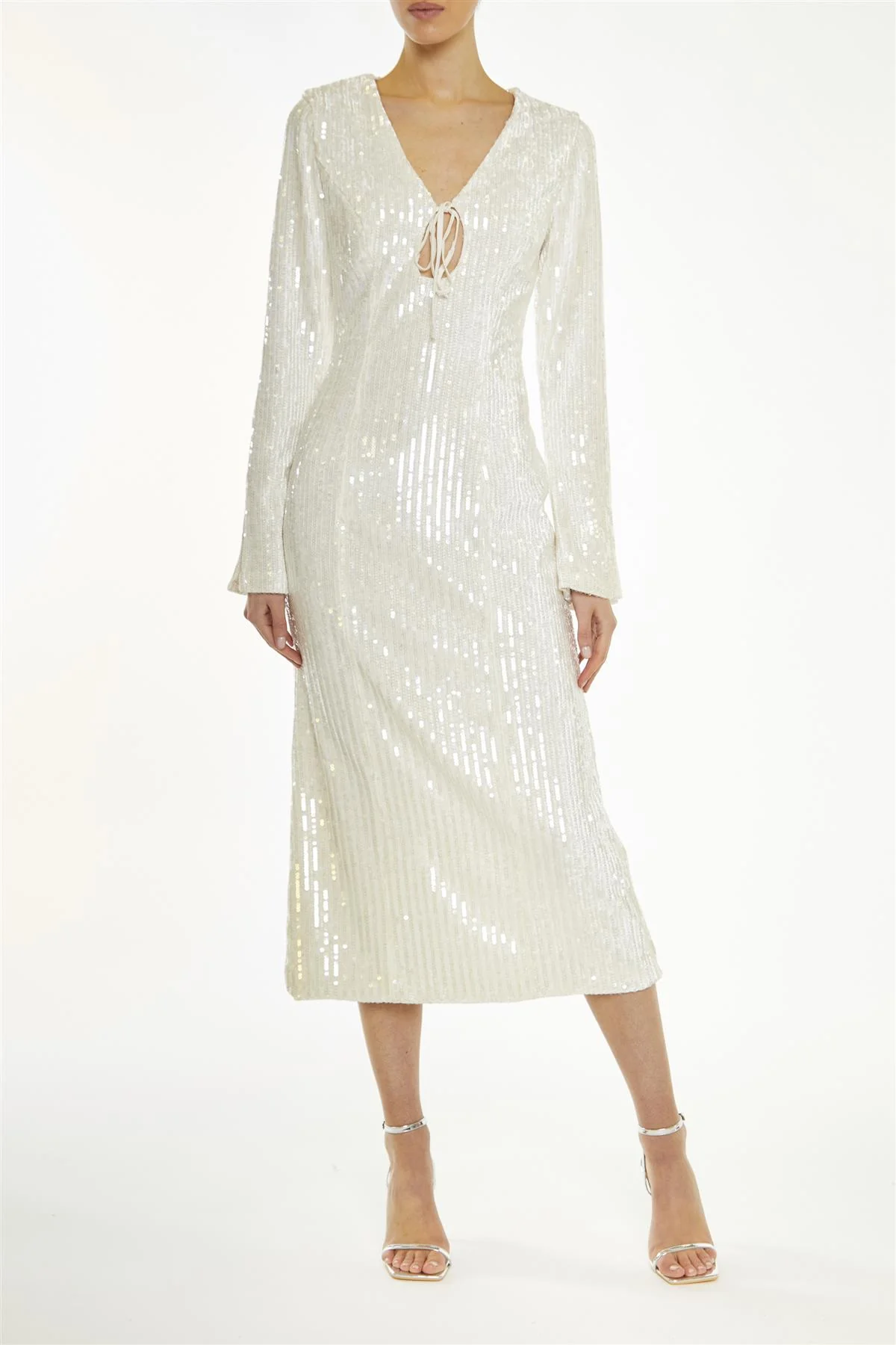 Anais Clear Nude Sequin Flared Sleeve Midi-Dress