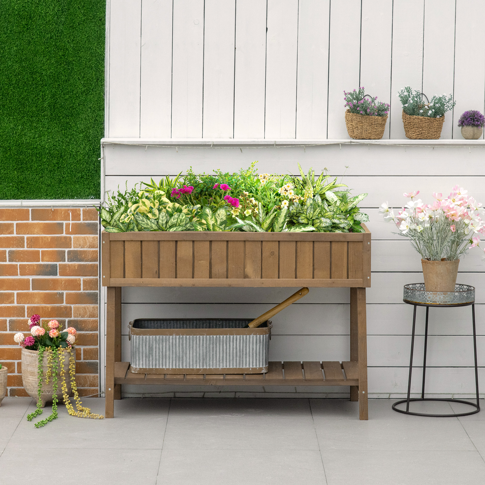 Outsunny Hochbeet-Pflanzkasten auf Beinen mit Regal 110L x 46B x 76H cm 8 Fächer Bewässerungseinsätze Fichteholz