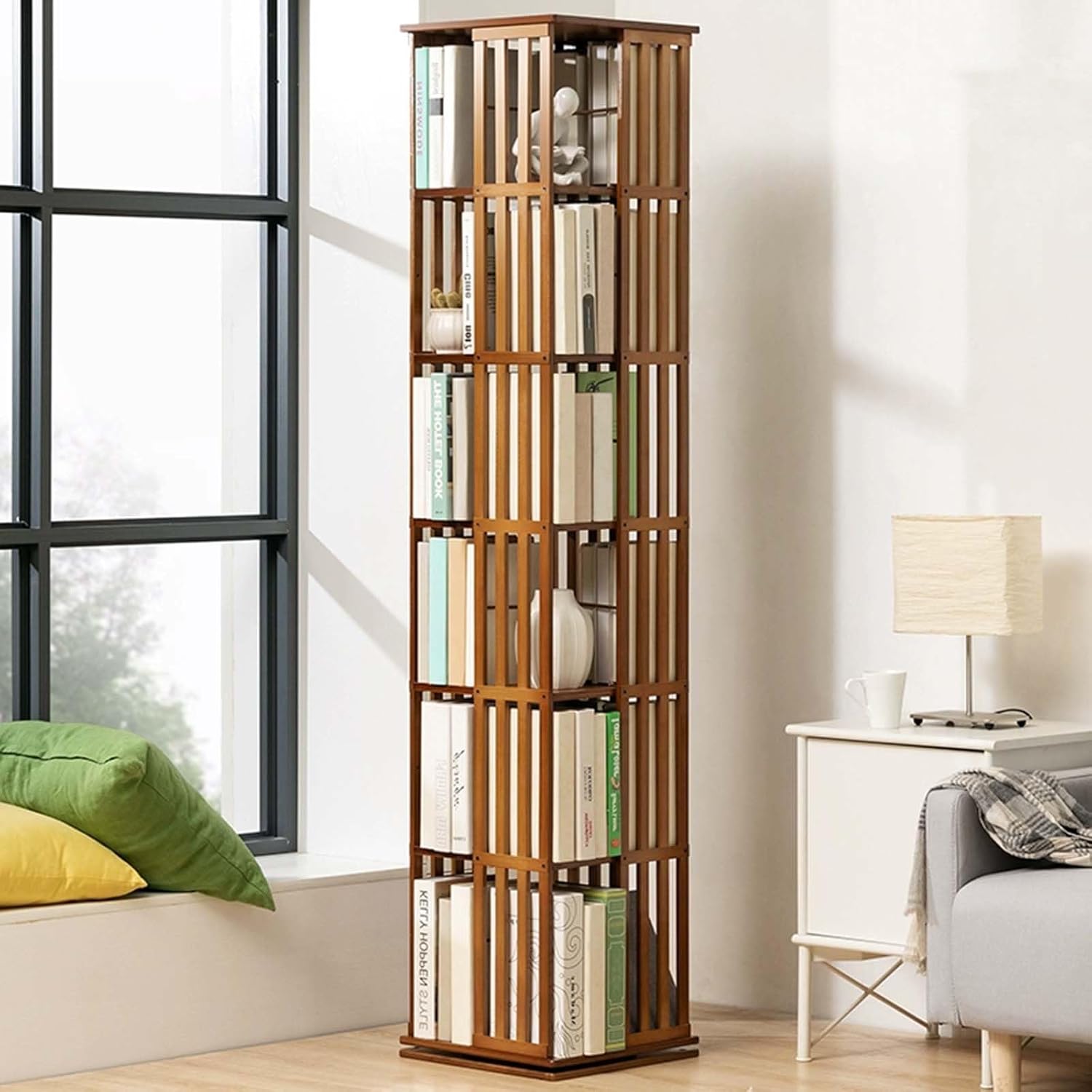 Libreria Girevole a 6 Livelli, Scaffali per Libri con Reggilibri Staccabili, Mobile di Stoccaggio Angolare Scaffale da Espositore per Casa Ufficio