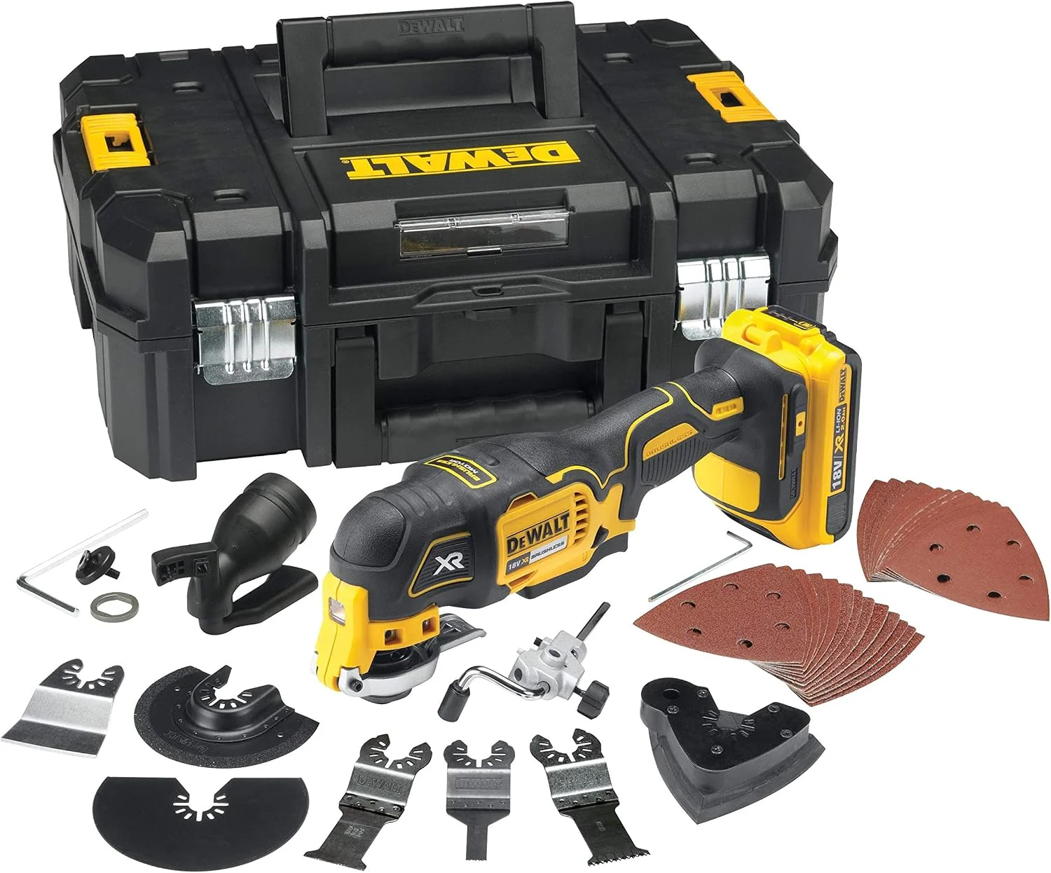 DEWALT Multi-Tool/ Multifunktionswerkzeug (18 Volt, inkl. 35-teiliges Zubehör-Set, Schnell-Ladegerät und TSTAK Box II) DCS355D2, 2,0 Ah Akku, 2 Akkus