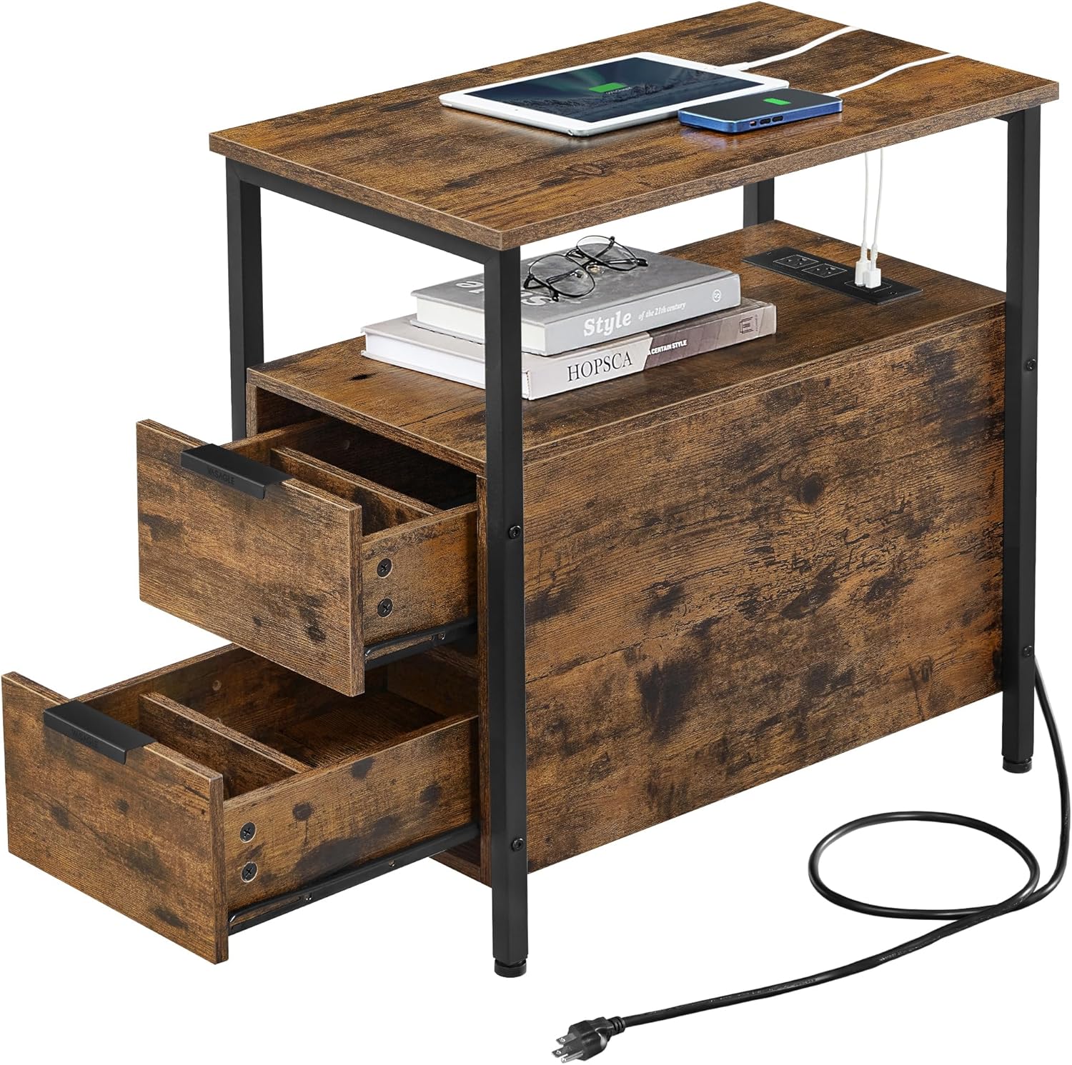 VASAGLE Side Table with Charging Station Narrow End Table with 2 Drawers
