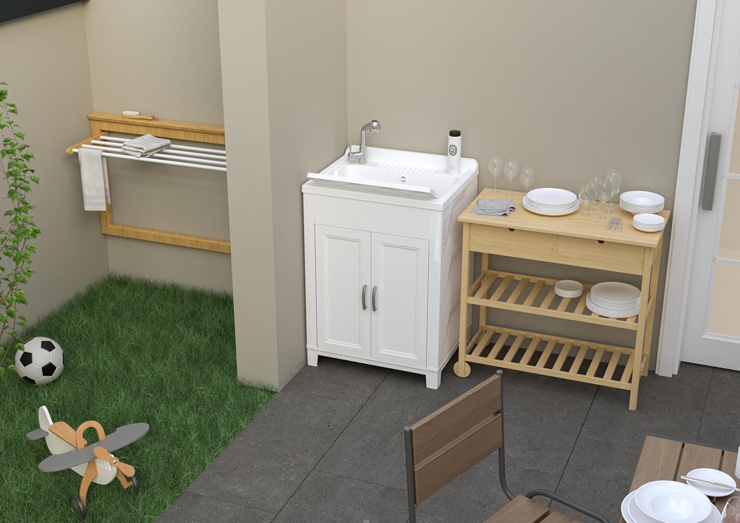 Adventa: Mobile lavatoio in resina di PP, Facile da montare, Vasca Resistente agli acidi di uso comune, Lavanderia, Garage, Esterno, 60L x 50P x 85H cm, Bianco