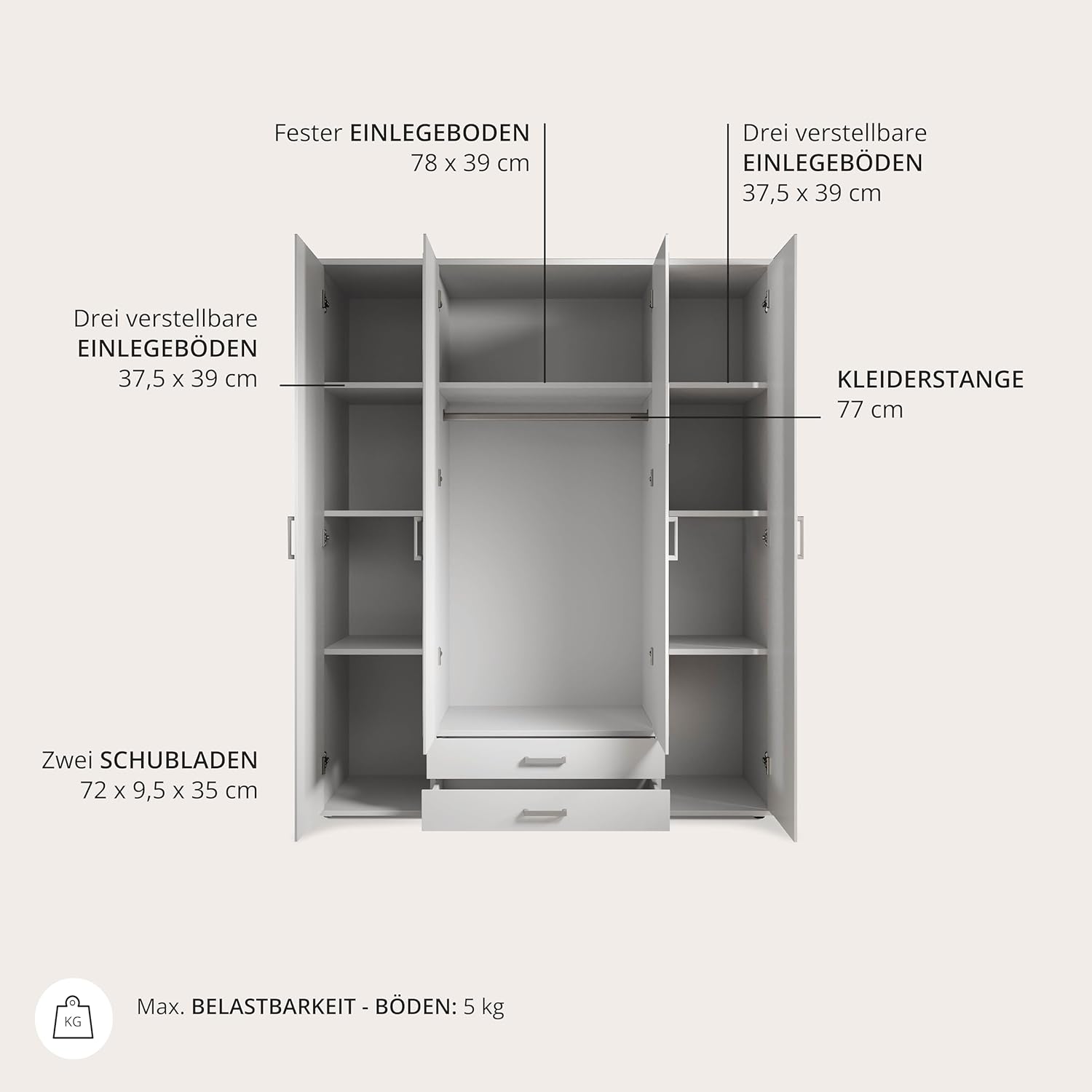 KARL Elegant 4 Door Wardrobe with Large Capacity, Versatile with Hinged Doors, White with Mirrored Doors, 160 x 196 x 54 cm, W x H x D