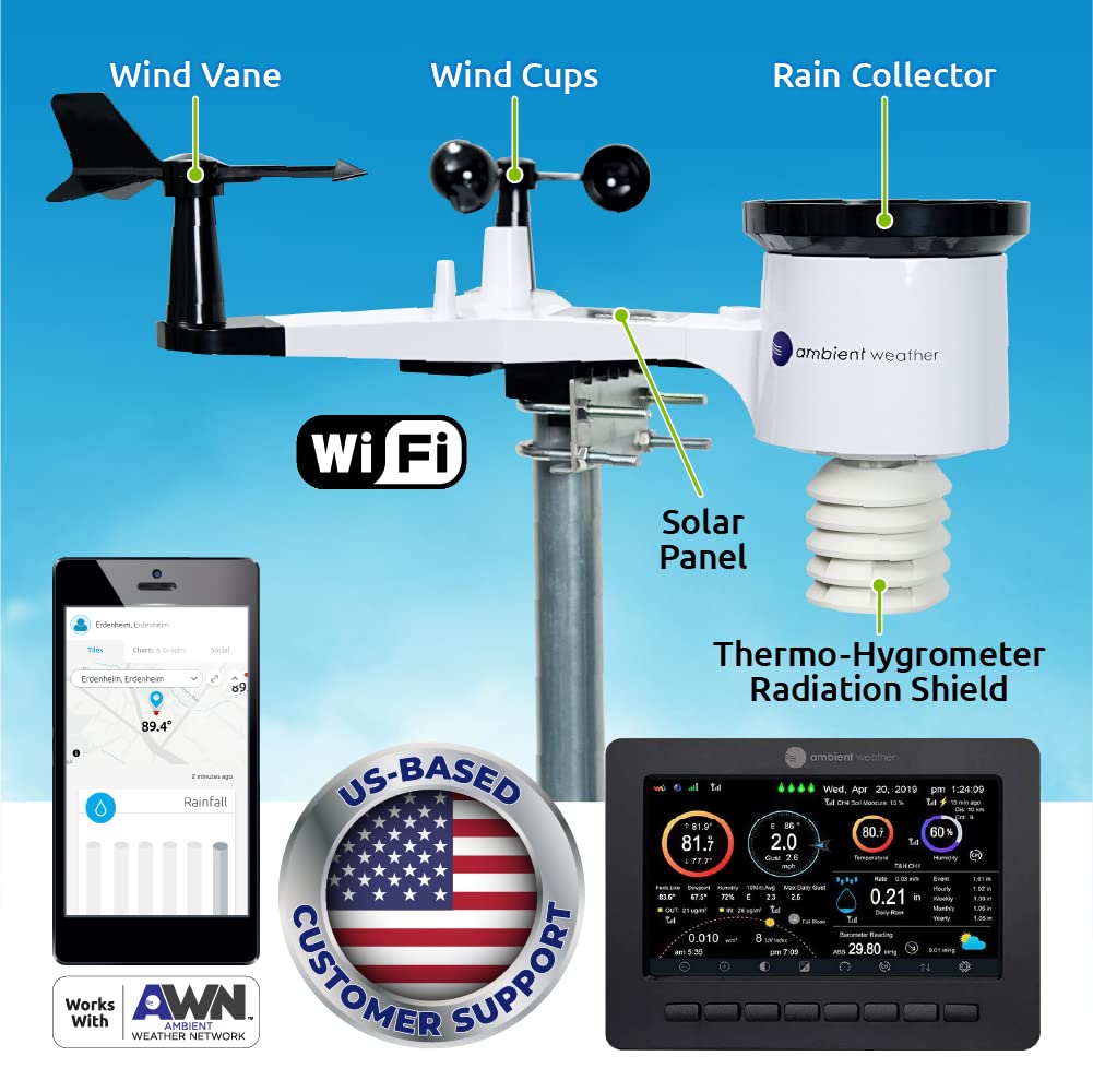 Ambient Weather WS 2000 Smart Weather Station, WiFi Remote Monitoring, Solar Powered, Alarm, Advanced Console