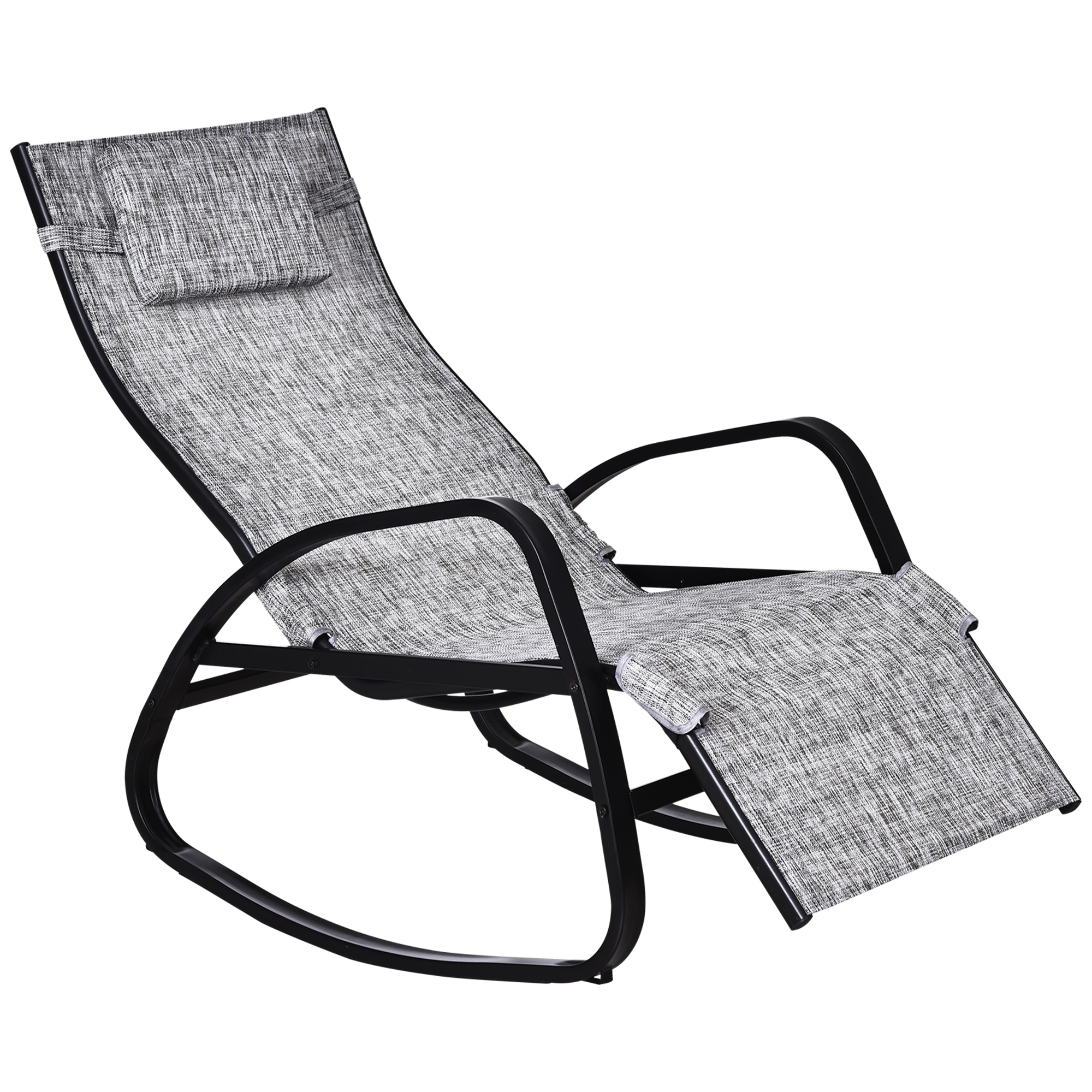 Outsunny Schaukelstuhl mit verstellbarer Rückenlehne und Fußstütze, Schaukelliege mit Kopfkissen, Gartenliege, Schwungliege, Texteline, Grau, 64 x 94 x 108 cm