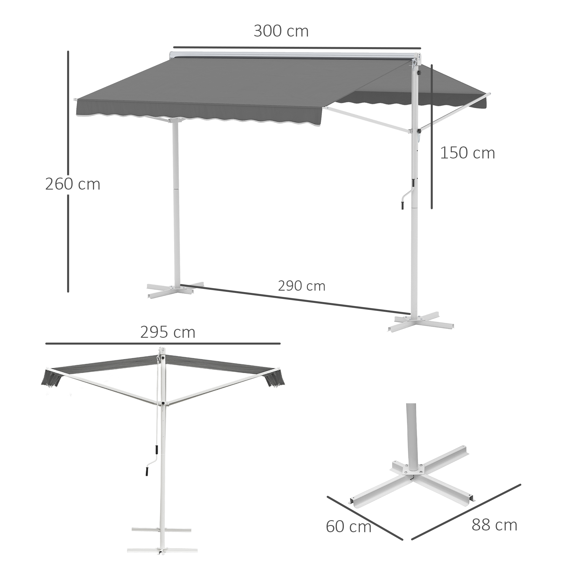 Staande luifel met knikarm tuinluifel luifel zwengel grijs 2,95 x 2,94 m