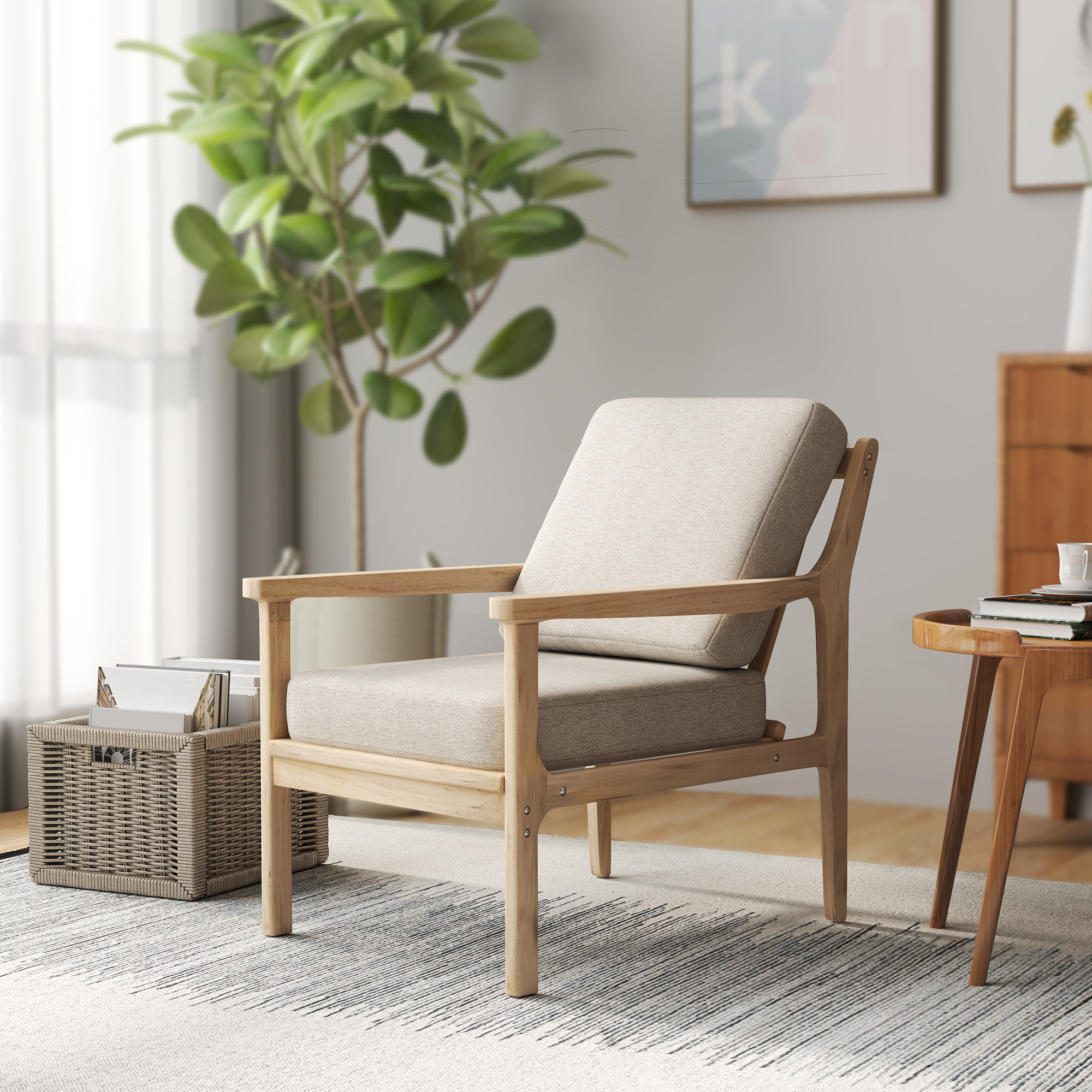 HOMCOM Polsterstuhl mit Armlehnen, solidem Holzrahmen und abnehmbaren Kissen, für Wohnzimmer, Schlafzimmer, Beige