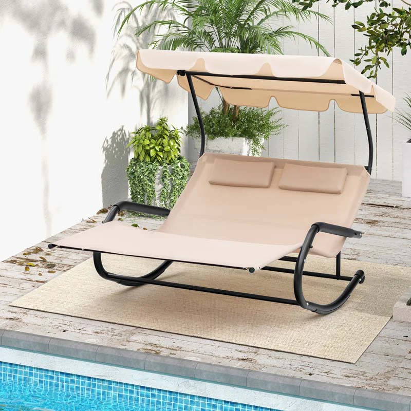 Eletriclife Outdoor 2 Persons Rocking Chaise Lounge with Canopy and Wheels
