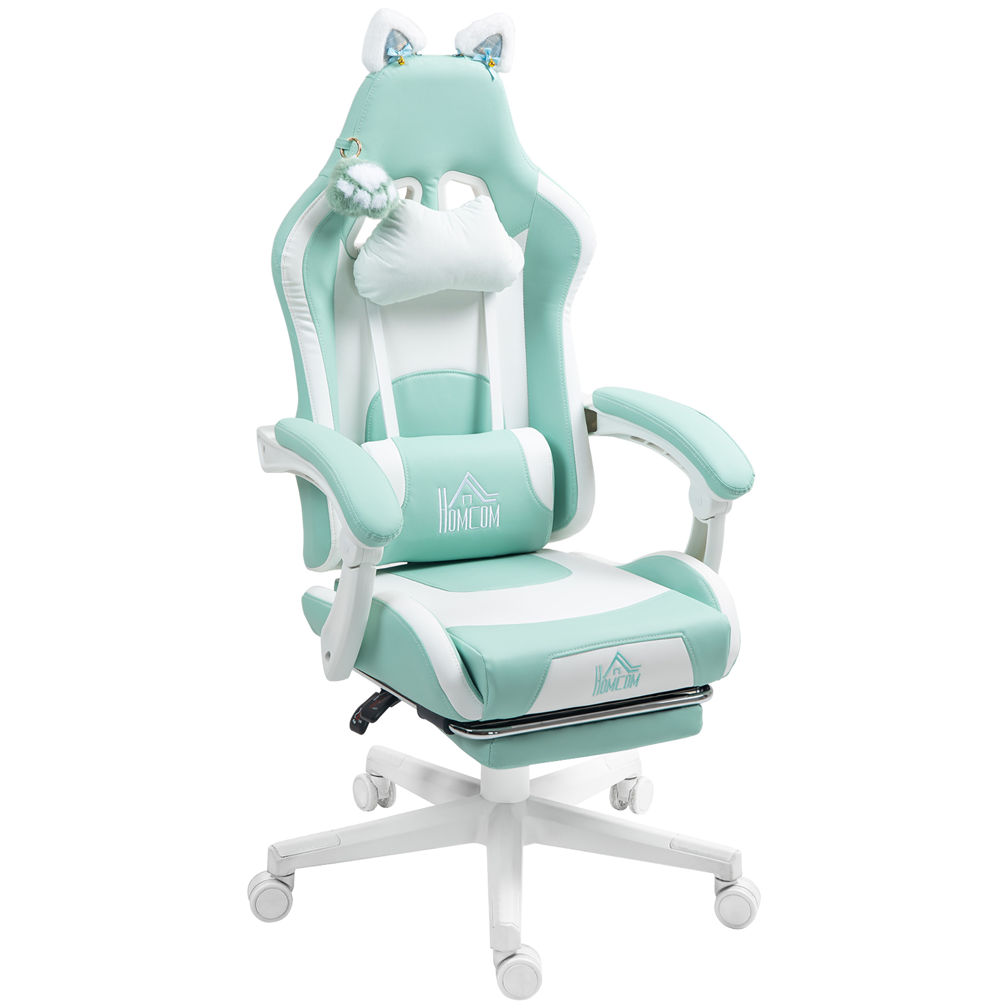 HOMCOM Reclinabile Gaming Stuhl mit Fußstütze und Kissen, in Kunstleder und Schwamm, 65x62x116-124 cm, Weiß und Blau