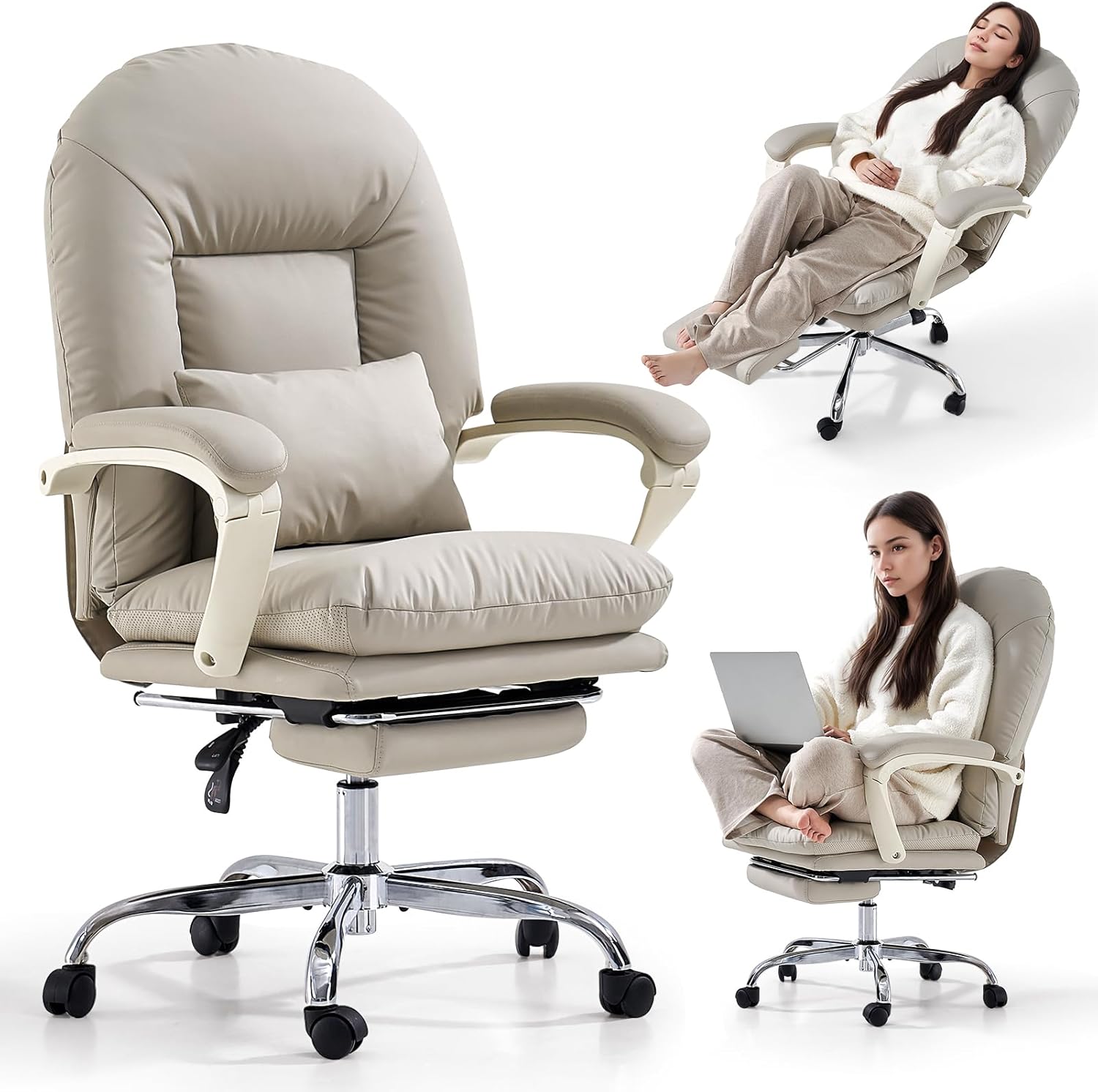EMIAH Ergonomic Office Chair with Foot Rest Criss Cross Chair with Wheels Reclining Executive Office Chair Mid Back PU Leather Swivel Computer Chairs Lumbar Support for Home Office (Beige)