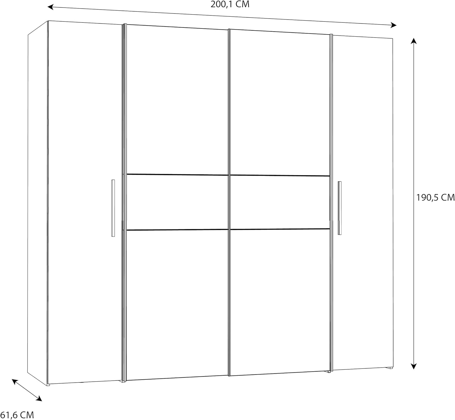 Forte KALIXTUS Modern 200 Wardrobe with Hanging Doors with 4 Doors, Matt Black Wood, W200 x H190.5 cm, Depth 61.3 cm