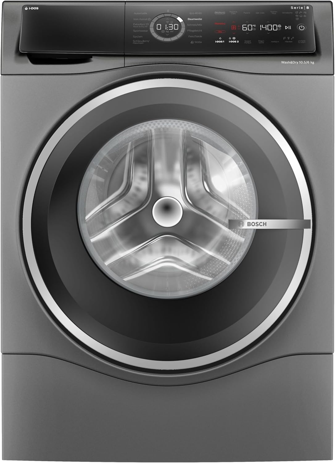 Bosch WNC254AS0, Serie 8, Smarter Waschtrockner, 10.5 kg Waschen  und  6 kg Trocknen, 1400 UpM, i-Dos intelligente Waschmittel-Dosierung, entfernt 16 Fleckenarten, IronAssist mit Dampffunktion, AutoDry