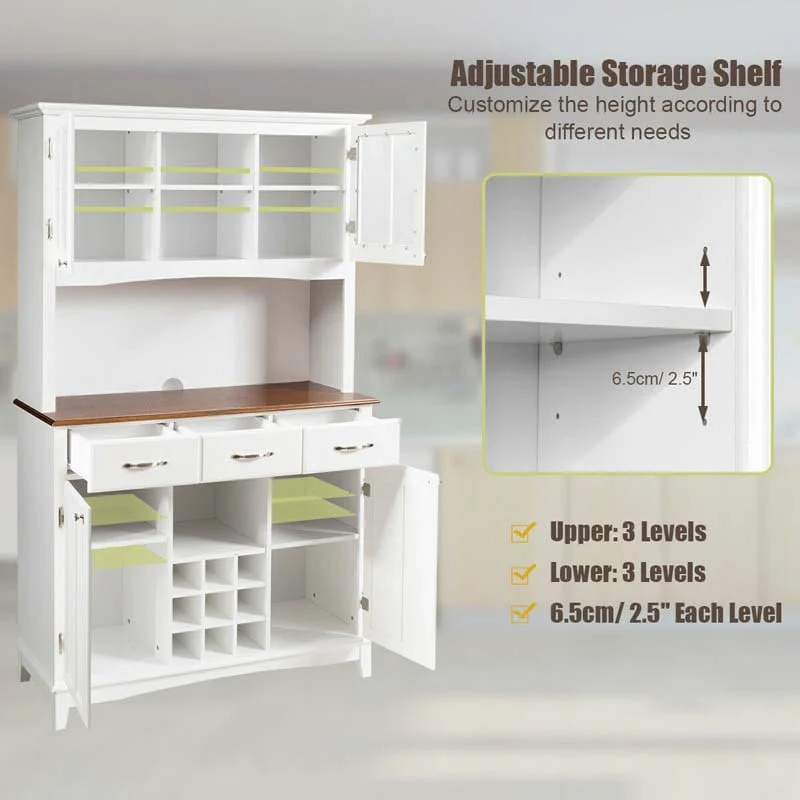 Wood Buffet Hutch Cabinet Kitchen Hutch Sideboard Kitchenware Server with 3 Large Drawers & 9 Wine Grids