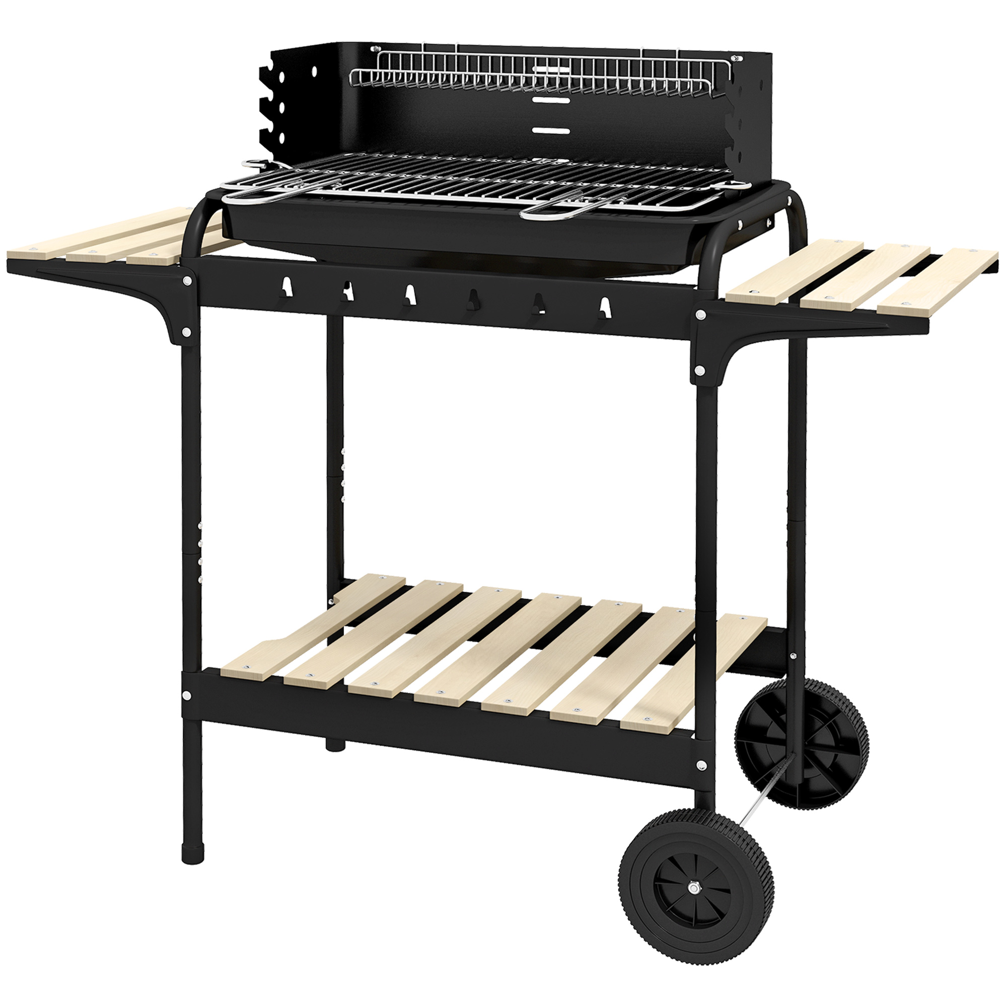 Outsunny Holzkohlegrill aus Metall BBQ Smoker mit Räder, höheverstellbar Grillrost, Holzablage 103x47x95 cm Schwarz
