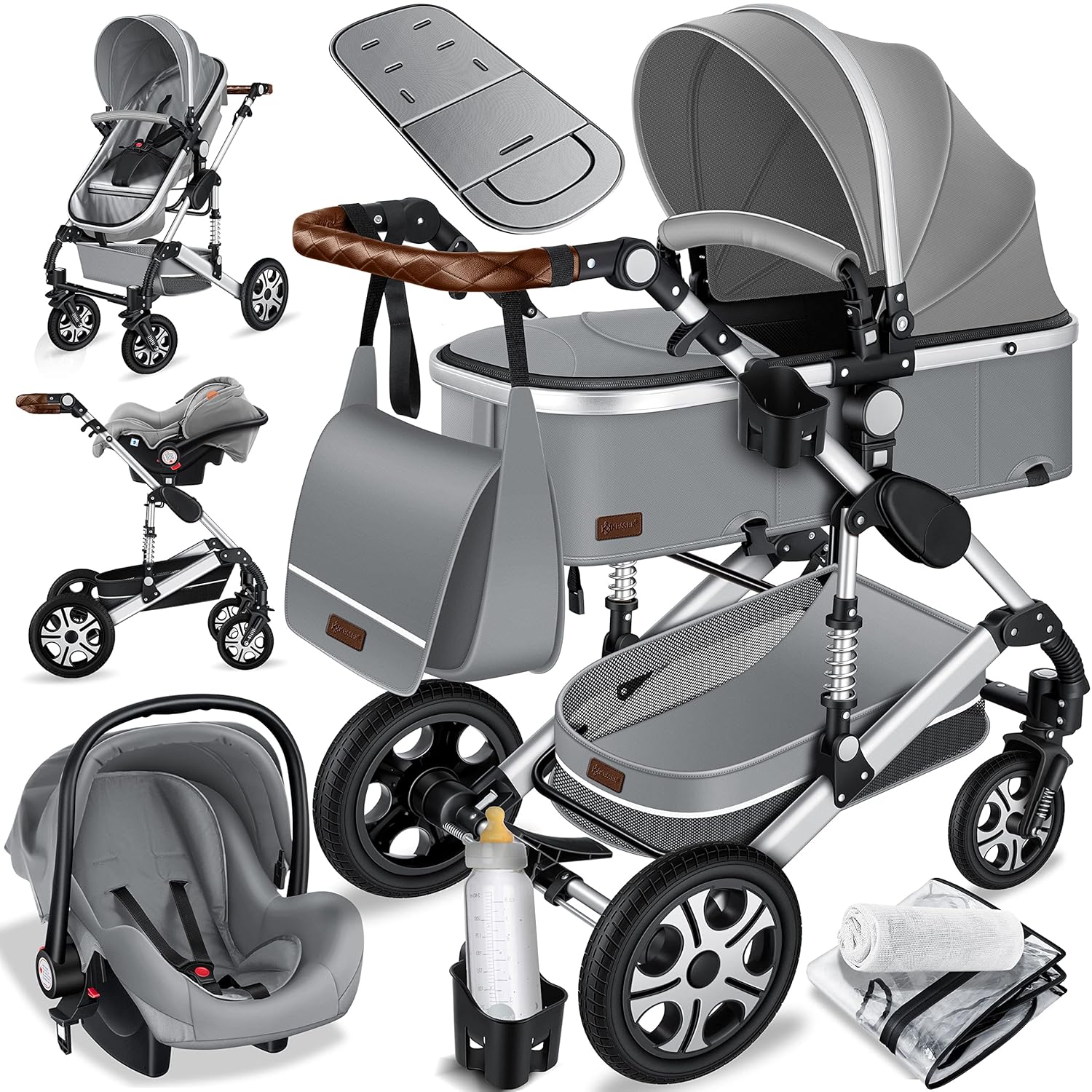 KESSER® Loops 3 in 1 Kinderwagen Kombikinderwagen Komplett-Set inkl. Babywanne & Buggy Sportsitz & Auto-Babyschale Voll-Gummireifen Wickeltasche Regenschutz Kindertisch ECE R129, Schwarz/Schwarz