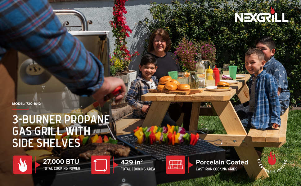 3-Burner Propane Gas Grill with Side Shelves