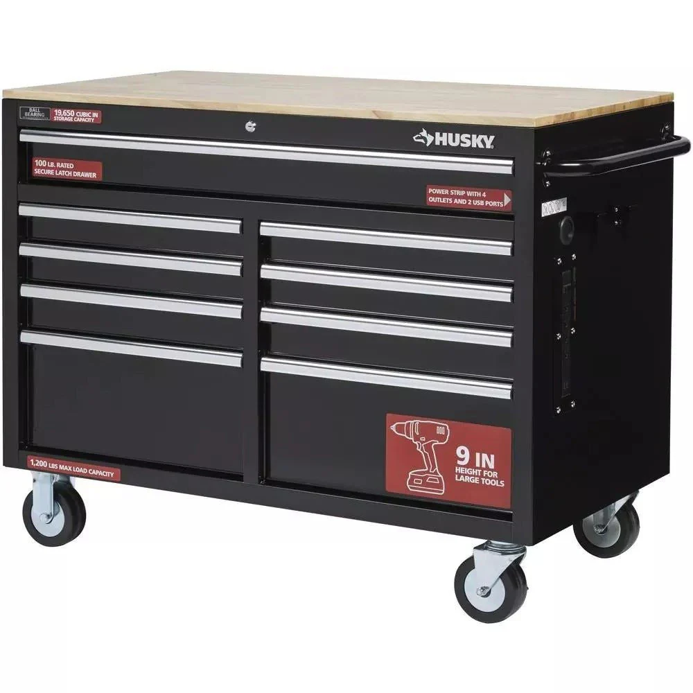 Gloss Black 46 9-Drawer Mobile Tool Chest Workbench with Power Strip & Solid Wood Top