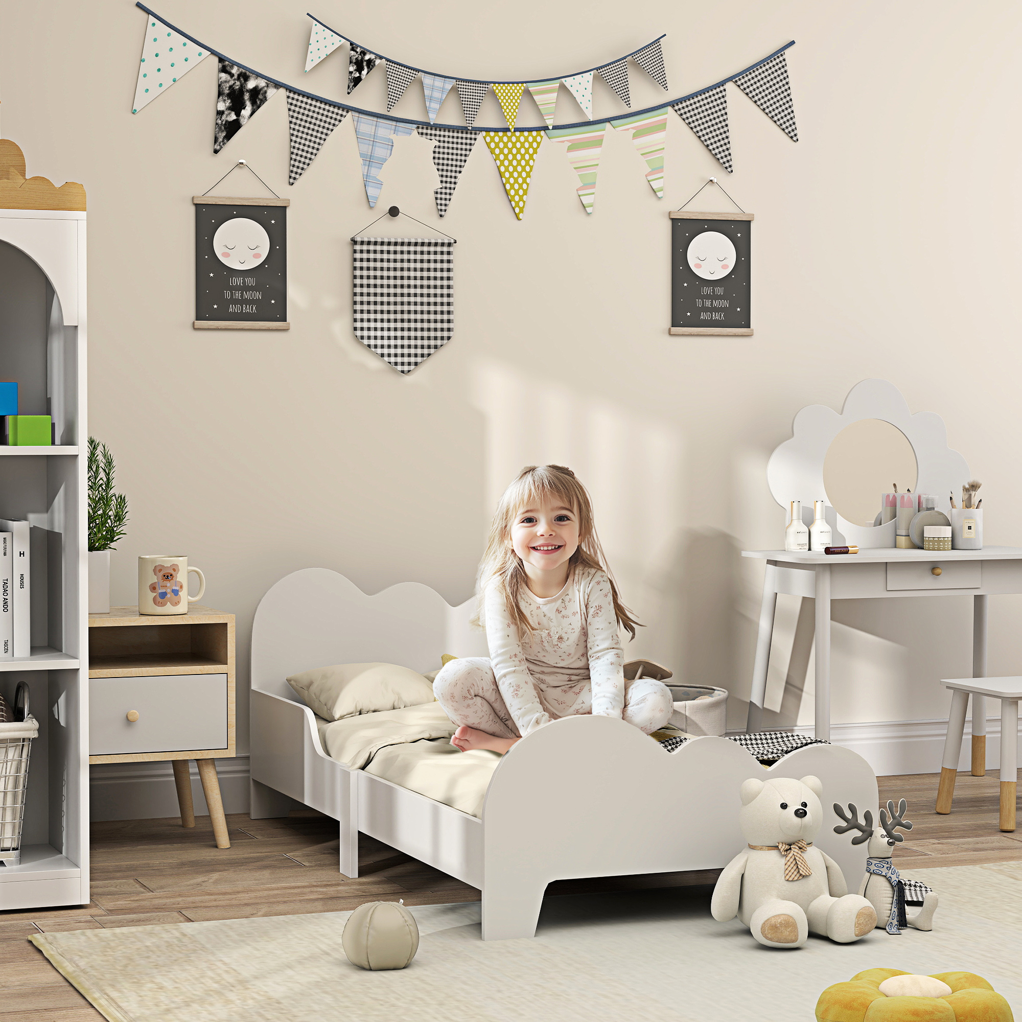 AIYAPLAY Kinderbett Bodenbett 70x140 cm mit Sicherheitsbarriere, Lattenrost inklusive und Wolken-Dekorationen, Weiß