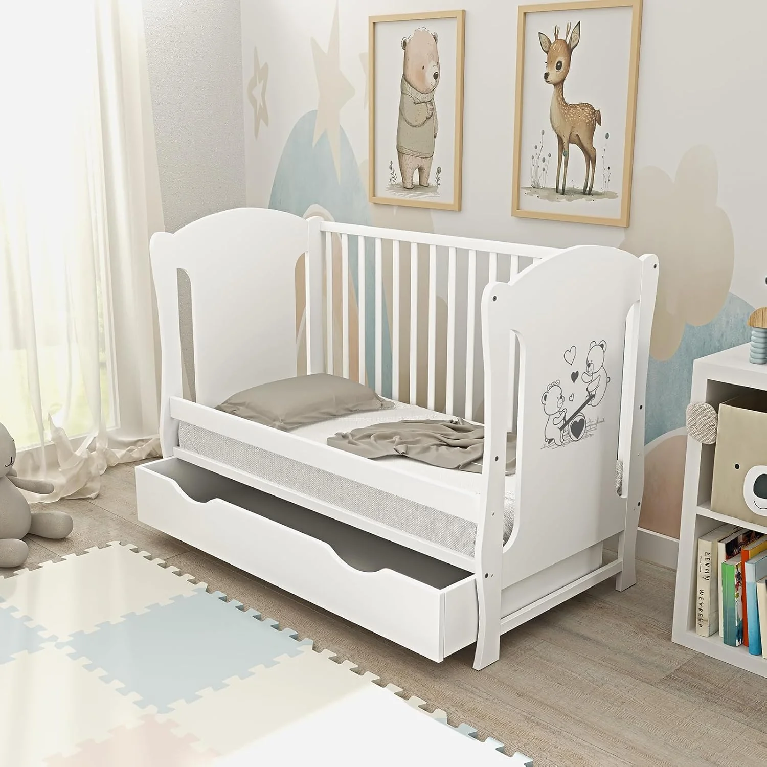 Baby Delux Babybed 60x120 wit Kinderbed ombouwbaar naar juniorbed Lade Matras Teddy Wip Motief