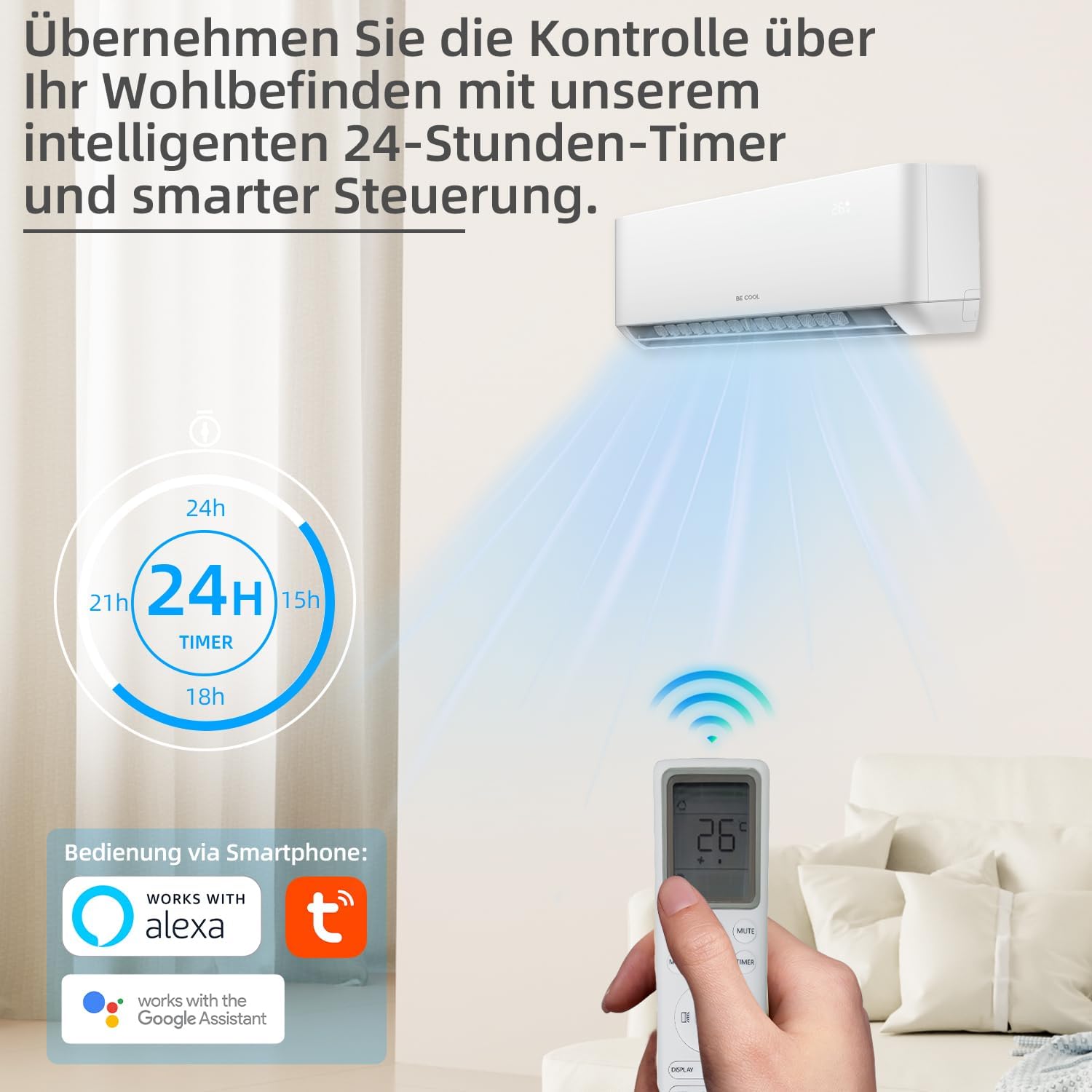 BE COOL Premium Split-Klimagerät 18.000 BTU mit Quick Connect – Kühlen: 5100 Watt/Heizen: 5100 Watt, EEK A++ / A+, max. 160 m³, 4m Quick Connector, WiFi, Fernbedienung, Premium-Funktionen – weiß