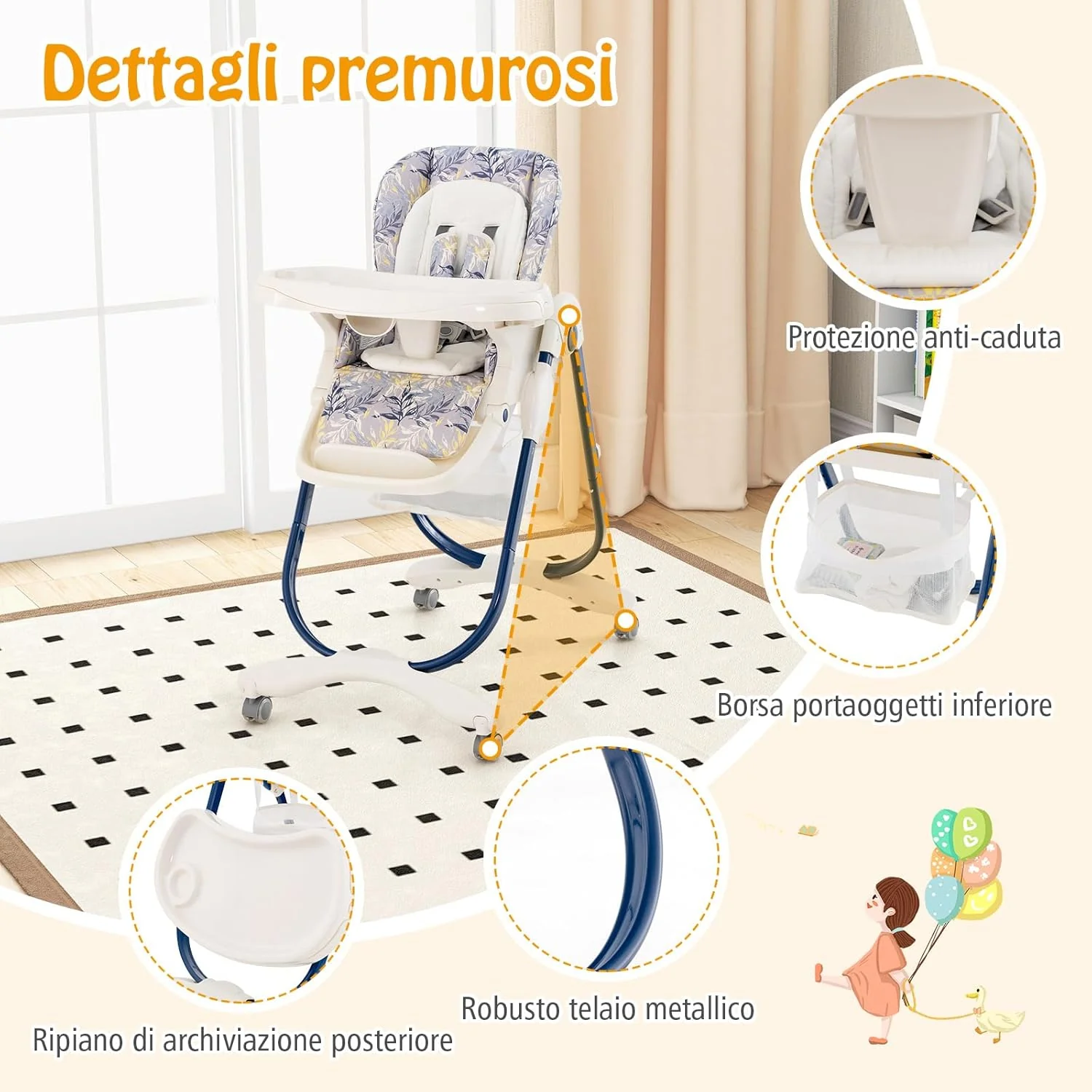 Seggiolone Pappa per Bambini e Neonati, Seggiolone Pieghevole Multifunzione con Ruote, Altezza Regolabile, Poggiapiedi e Schienale, Vassoio Rimovibile, per 6-36 Mesi (Blu)