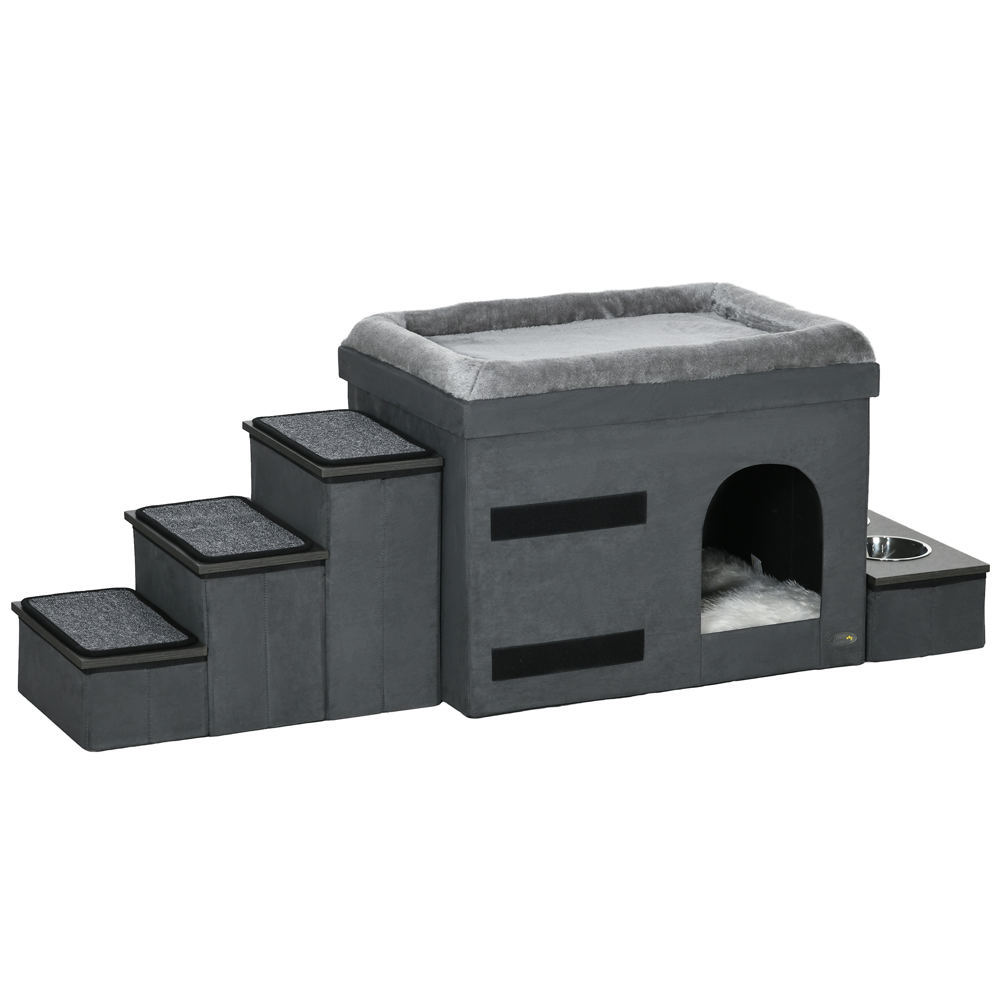 PawHut Katzenhaus Katzenhütte Katzenhöhle, 3 Haustiertreppen, 2 Fressnäpfe, 70 x 50 x 51, cm,  Grau
