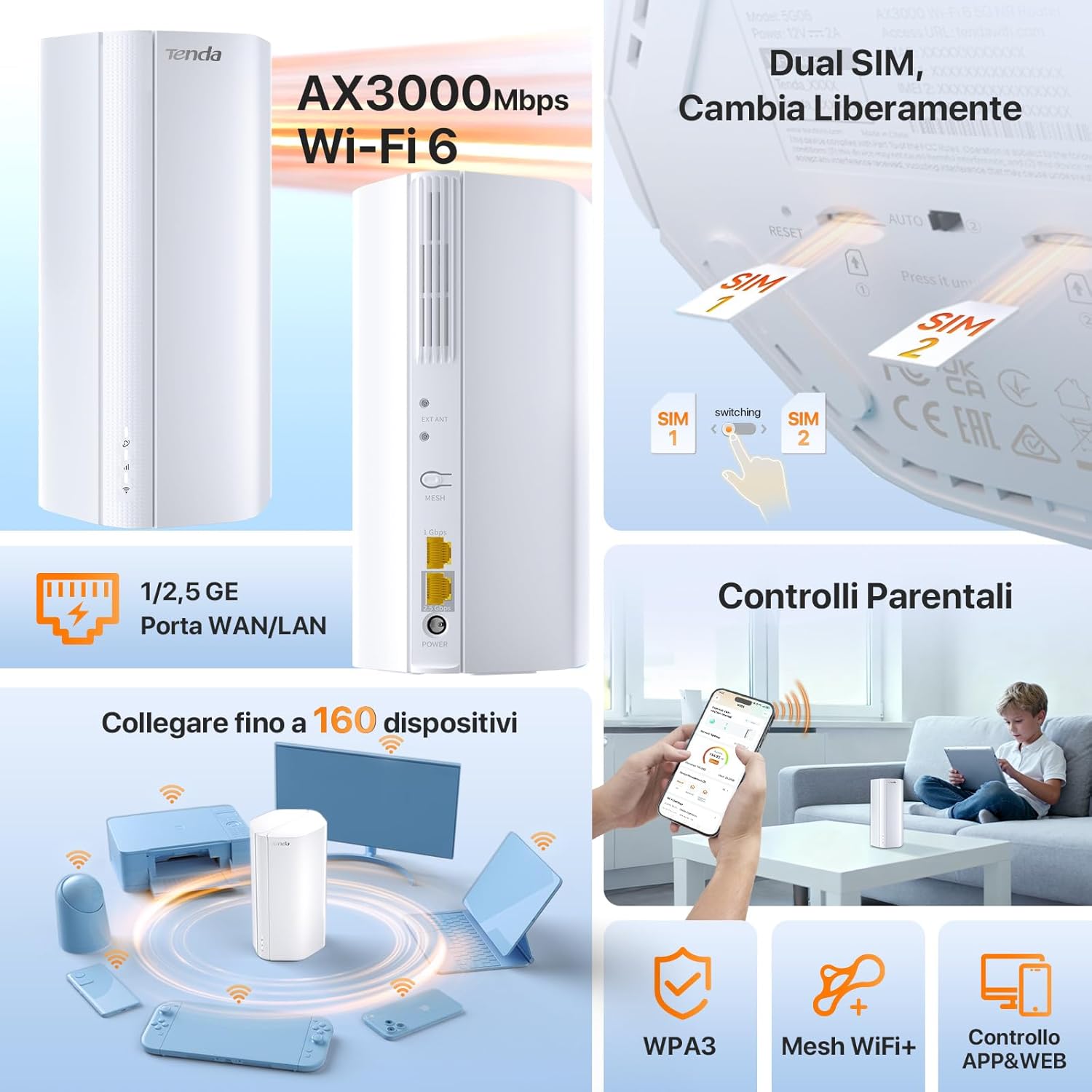 Tenda 5G06 - Router 5G con SIM Wi-Fi 6 AX3000Mbps, Modem 5G con Soppio Slot per Scheda SIM, Porte Gigabit 2.5G, Plug & Play, 1024-QAM, 8×5G/4G LTE, 3×Antenne Wi-Fi Interne, Mesh WiFi+, WPA3