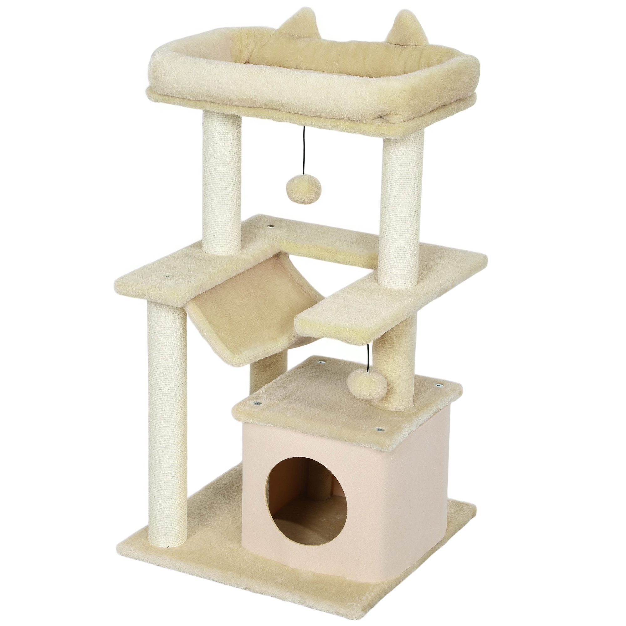 PawHut Katzenbaum, Kratzbaum mit Spielzeug, Sitzstange, Hängematte, 48 x 48 x 90 cm, Creme
