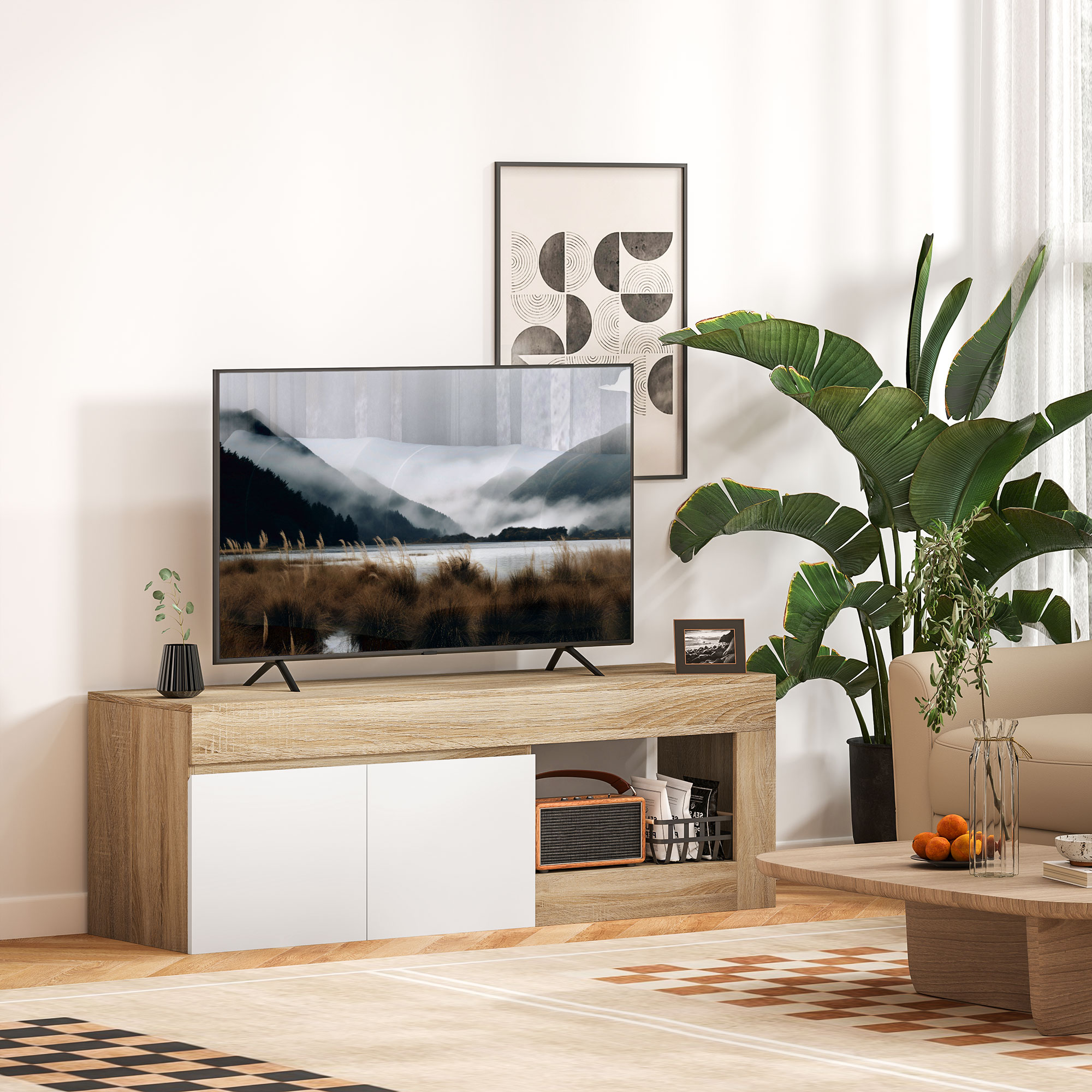 HOMCOM TV-Möbel mit 2 Türen für Fernseher bis zu 60 Zoll, TV-Möbel mit Schrank und offenem Regal, Naturholzeffekt