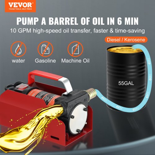 VEVOR Dieselpumpe 1/4 PS Heizölpumpe DC 12 V Kraftstoffförderpumpe 8m Förderhöhe 3m Saughöhe Selbstansaugend Automatik-Zapfpistole 4m Auslassschlauch Geeignet für Diesel Kerosin Transformatoröl