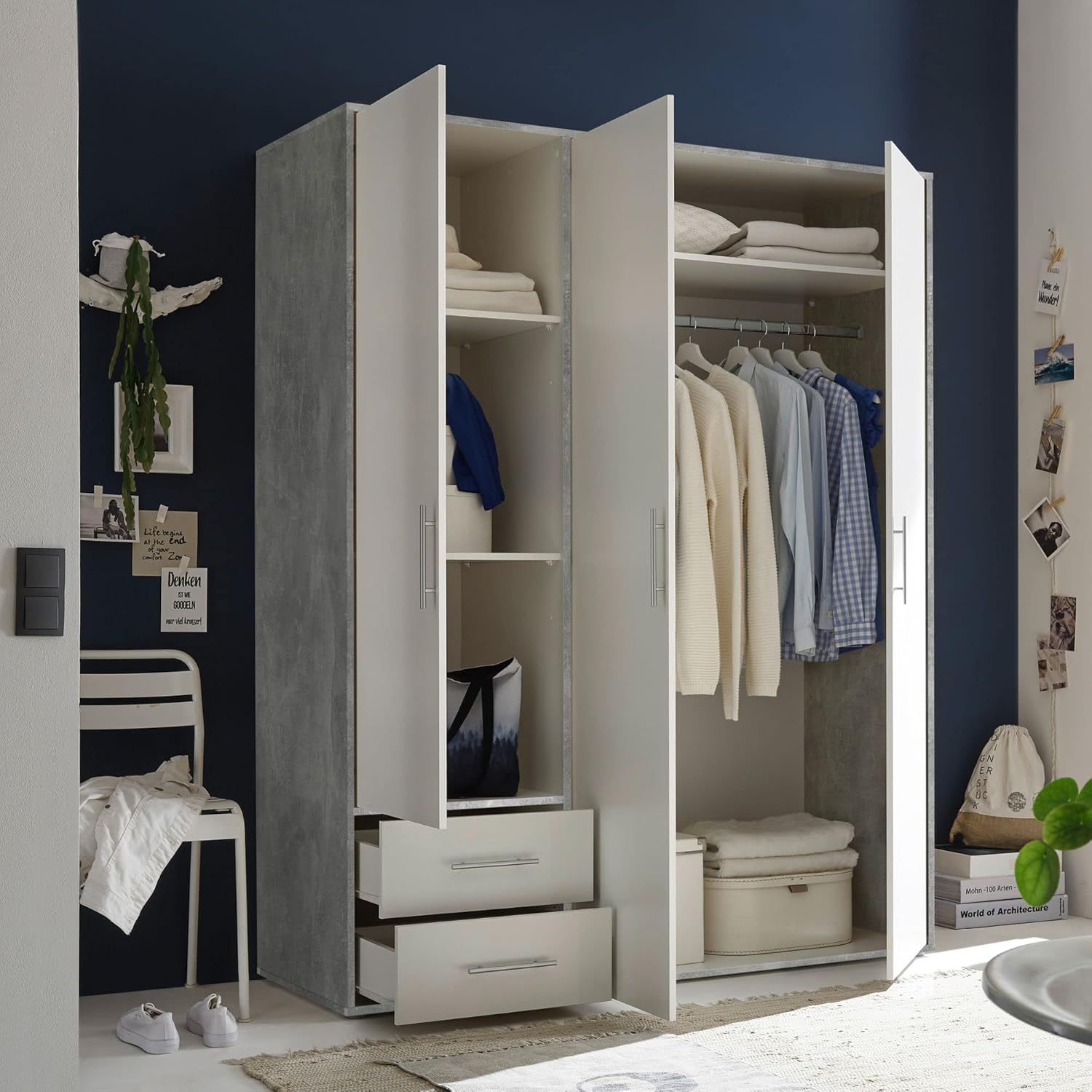 VALENCIA White Concrete Effect Wardrobe with 3 Doors Very Large Capacity Versatile with Hinged Doors for Your Bedroom, 155 x 195 x 60 cm, W x H x D