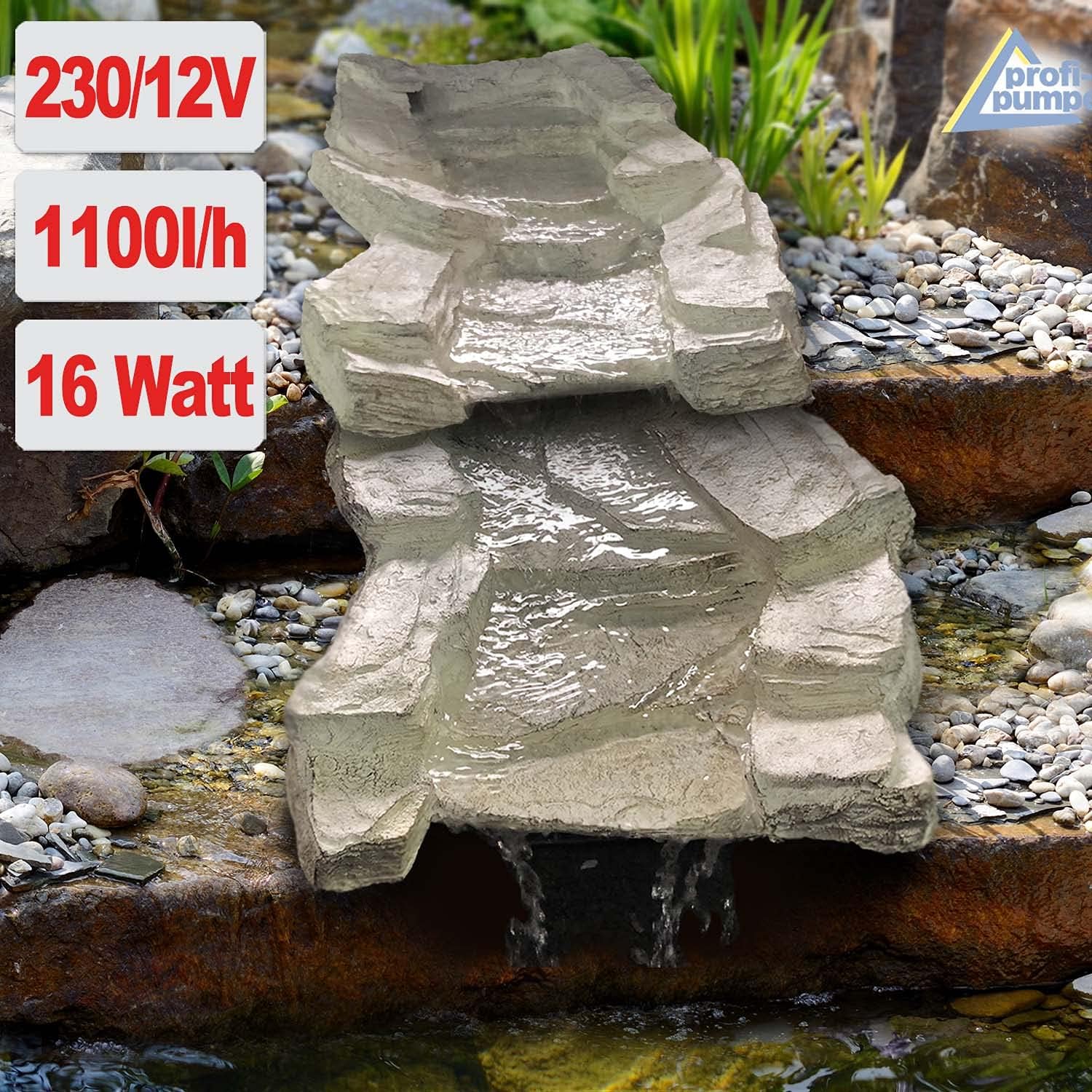 Solar GARTENBRUNNEN Bachlauf QUELLBACH II mit LED-Licht/Hybrid-System, 230V ZIERBRUNNEN VOGELBAD Wasserfall GARTENLEUCHTE TEICHPUMPE - SPRINGBRUNNEN WASSERSPIEL für Garten, Gartenteich, Teich