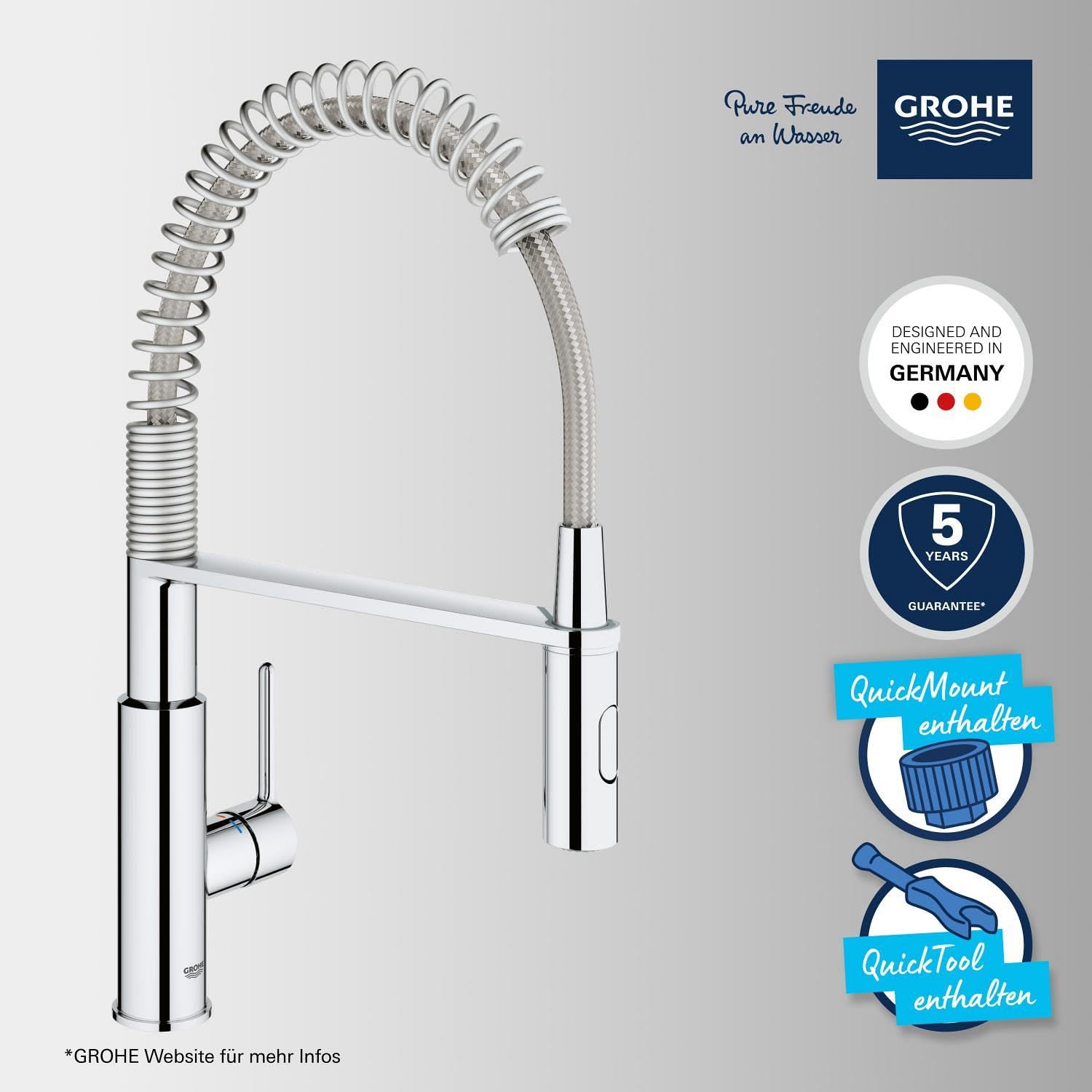 Küchenarmatur 30361000 mit herausziehbarer Brause 2 Strahlarten 360° schwenkbar 35-mm-Keramikkartusche Temperaturbegrenzer Chrom