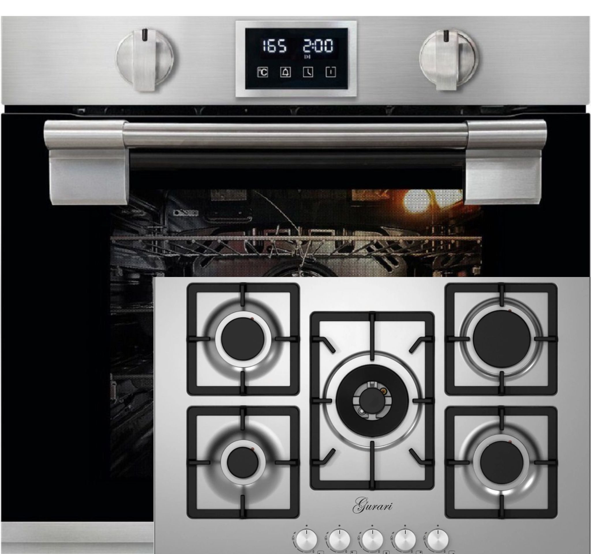 Backofen-Set Herd Set Autark Einbau Backofen, Bratautomatik,massives Metall, 79L+Gas-Kochfeld 75 cm, Edelstahl EH 6337+GCH FQ 755 VTGC