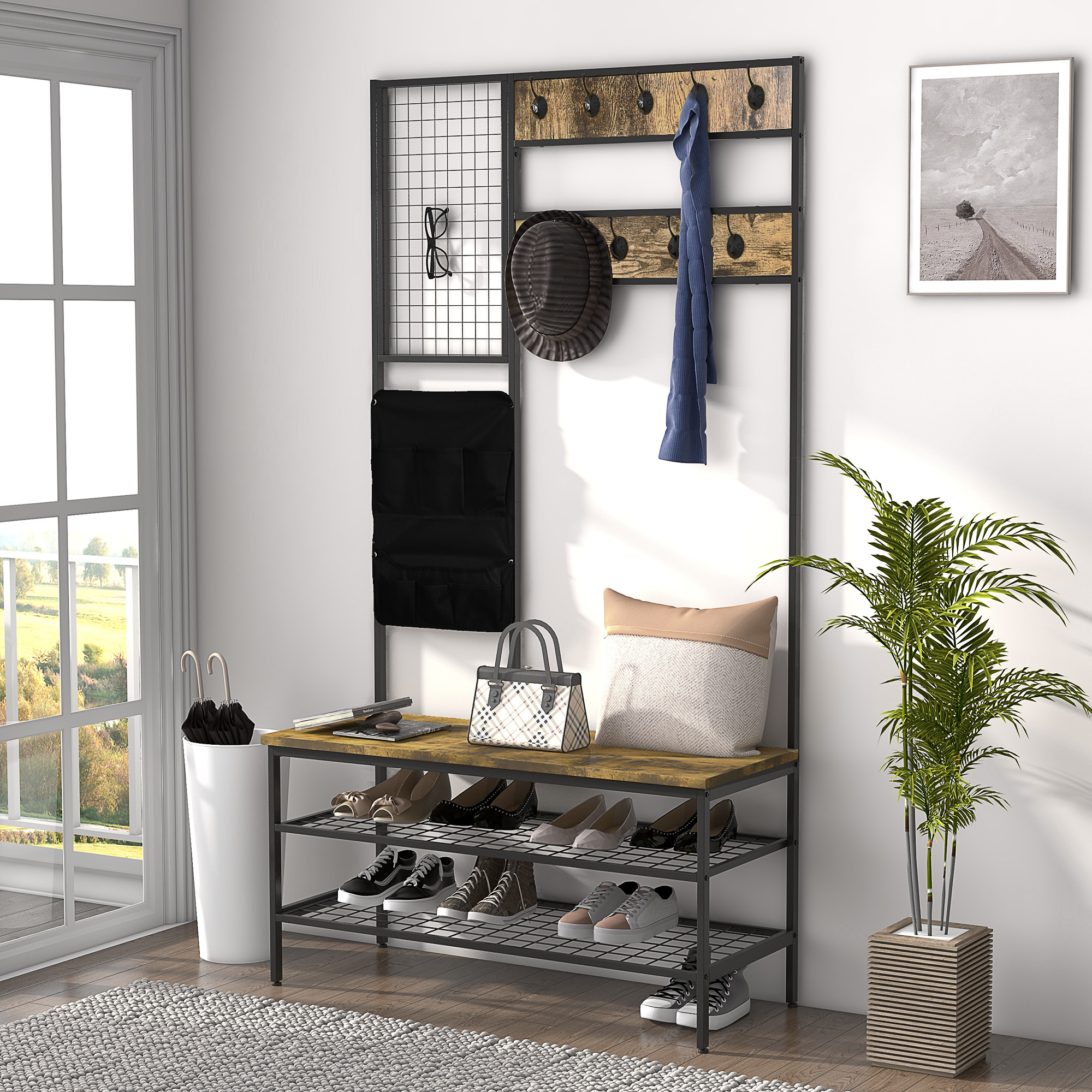 HOMCOM Garderobe im Industriedesign, 1 Memoboard, 1 Schuhbank, 8 Kleiderhaken, 1 Aufbewahrungstasche, Schwarz + Braun