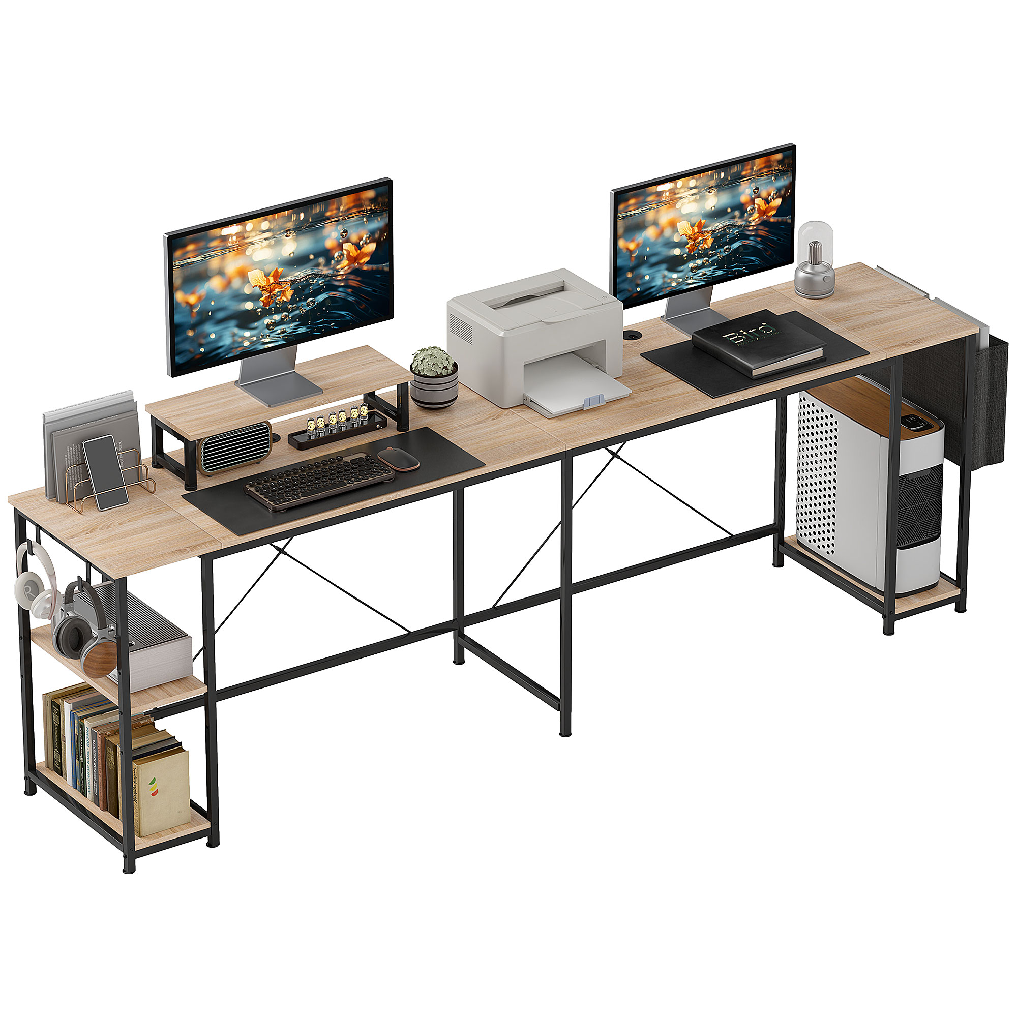 HOMCOM Modularer, umkehrbarer Eck-Schreibtisch 168-240 cm im Industrie-Stil - höhenverstellbares Regal, Aufbewahrungstasche, Bildschirmständer