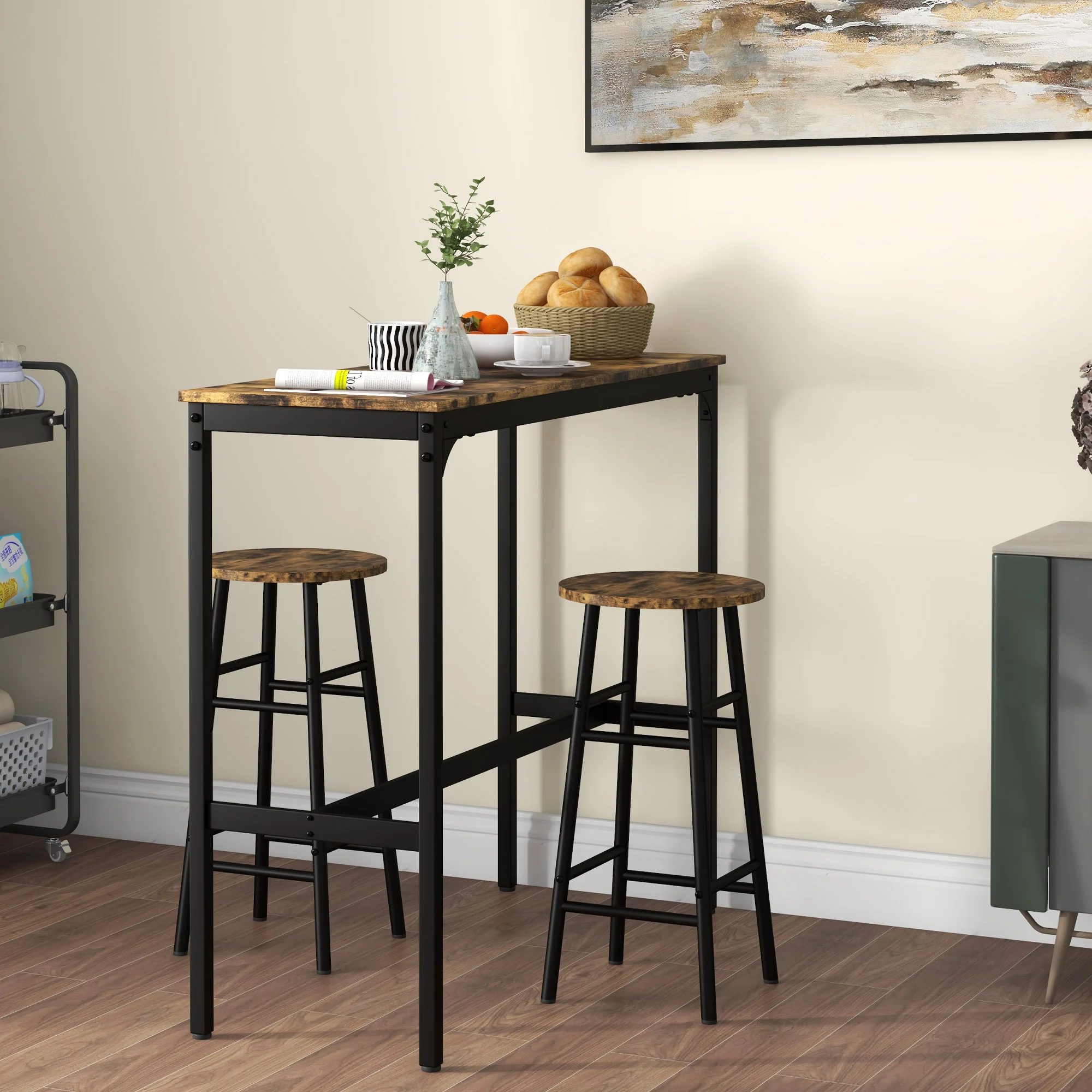 HOMCOM Bartisch-Set 3-tlg. platzsparend mit Fußstütze Industriedesign