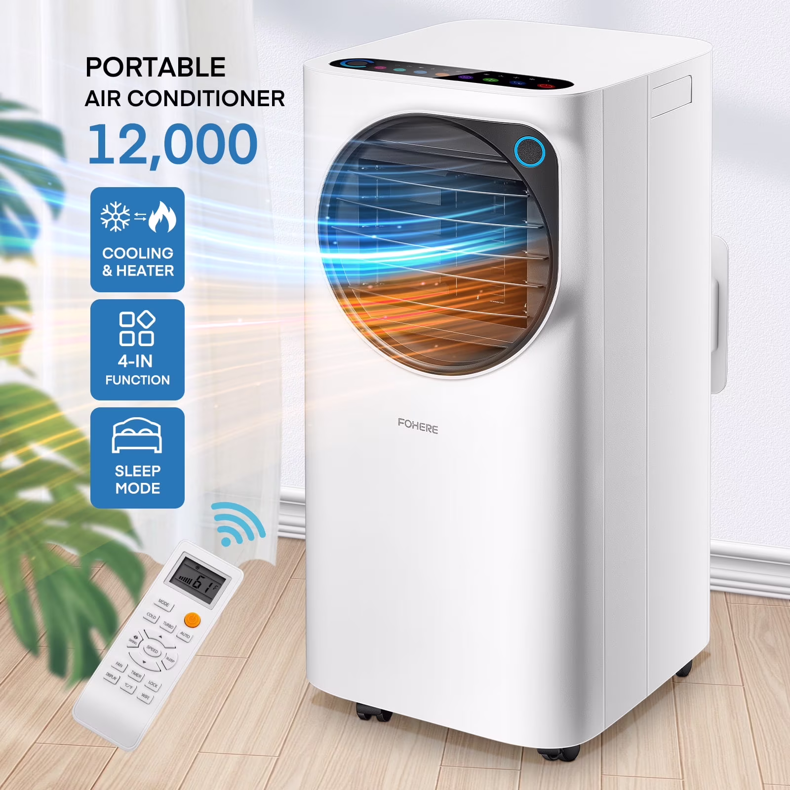 FOHERE 12000 BTU Portable Air Conditioner for Room Cooling and Heating, Covers up to 550 Sq. Ft, 4 IN 1 All Season AC Portable Air Conditioner with Remote Control and Window Kit, White