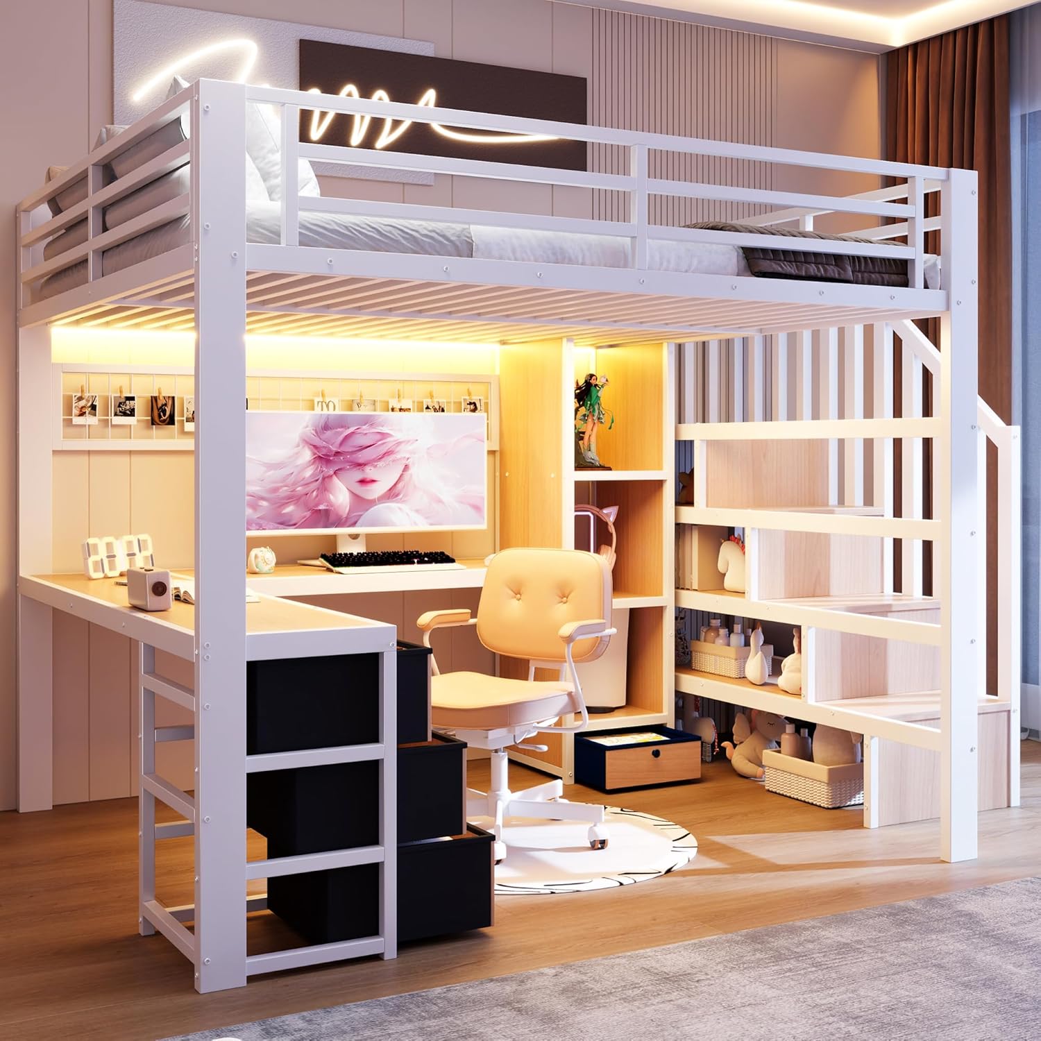 Soweiz Letto a soppalco con scrivania, telaio in ferro, 4 cassetti, griglia per appendere oggetti, con striscia luminosa a LED, scala di stoccaggio, senza materasso (bianco, 140 x 200 cm)