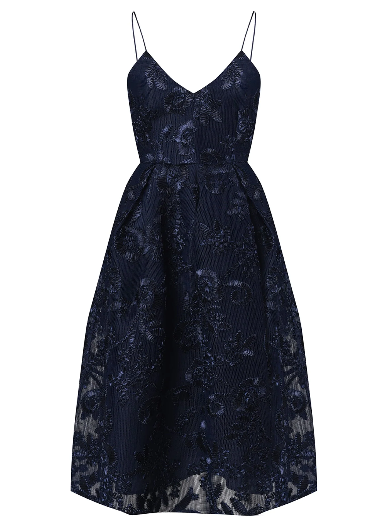 Noelle Navy 3D Embroidery Strappy Embroidered Midi Dress