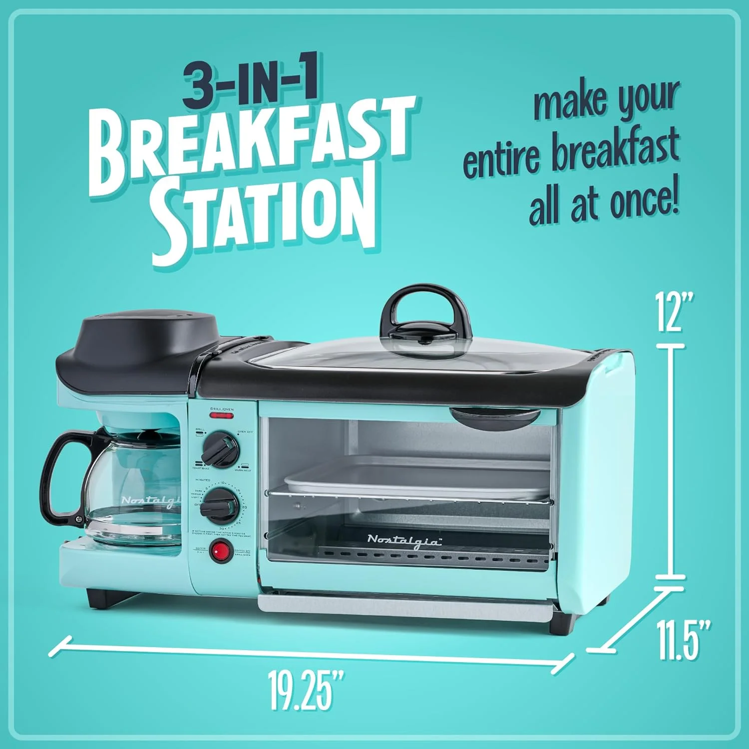 3-in-1 Breakfast Station - Includes Coffee Maker, Non-Stick Griddle, and 4-Slice Toaster Oven - Versatile Breakfast Maker with Timer - Aqua