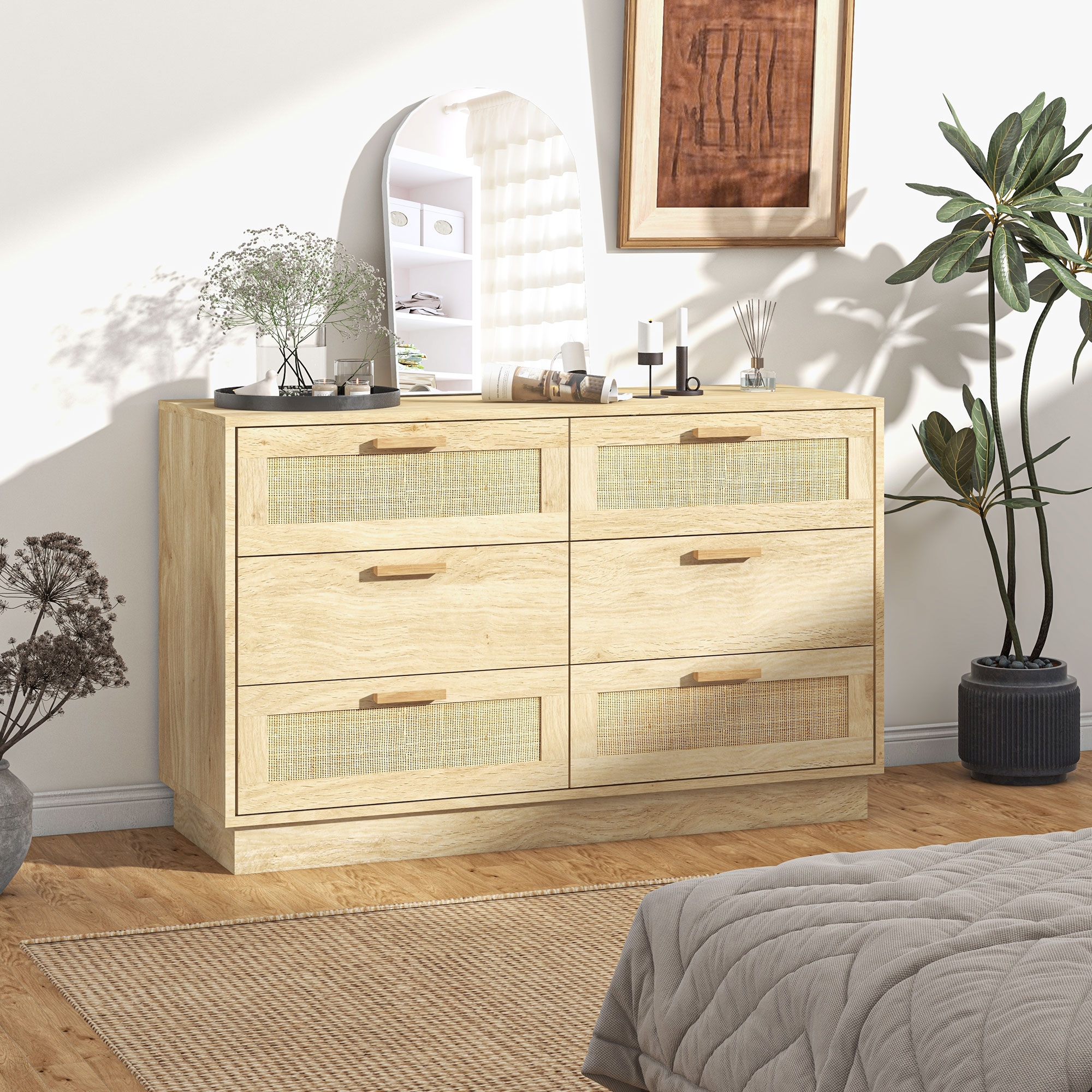 HOMCOM Boho-Designkommode aus Rattan mit 6 Schubladen, Aufbewahrungsmöbel für Wohnzimmer, Flur, Eingang, Eiche