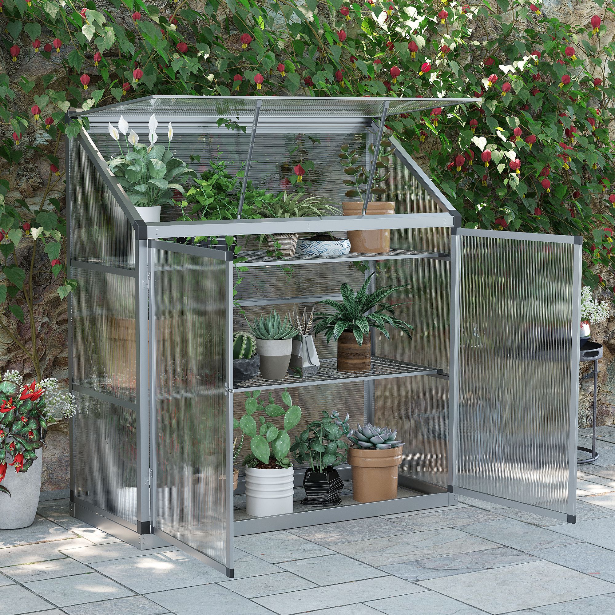 Outsunny Gewächshaus mit Fundamentrahmen, Polycarbonat-Gehäuse, 2 Regalböden, Aluminiumrahmen, 131 x 58 x 139,5 cm